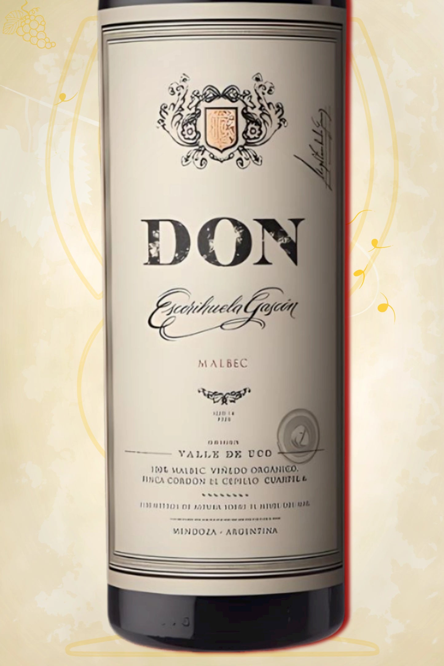 Label zoom: Escorihuela Gascón – DON Malbec (2021) – logo en tekst scherp zichtbaar