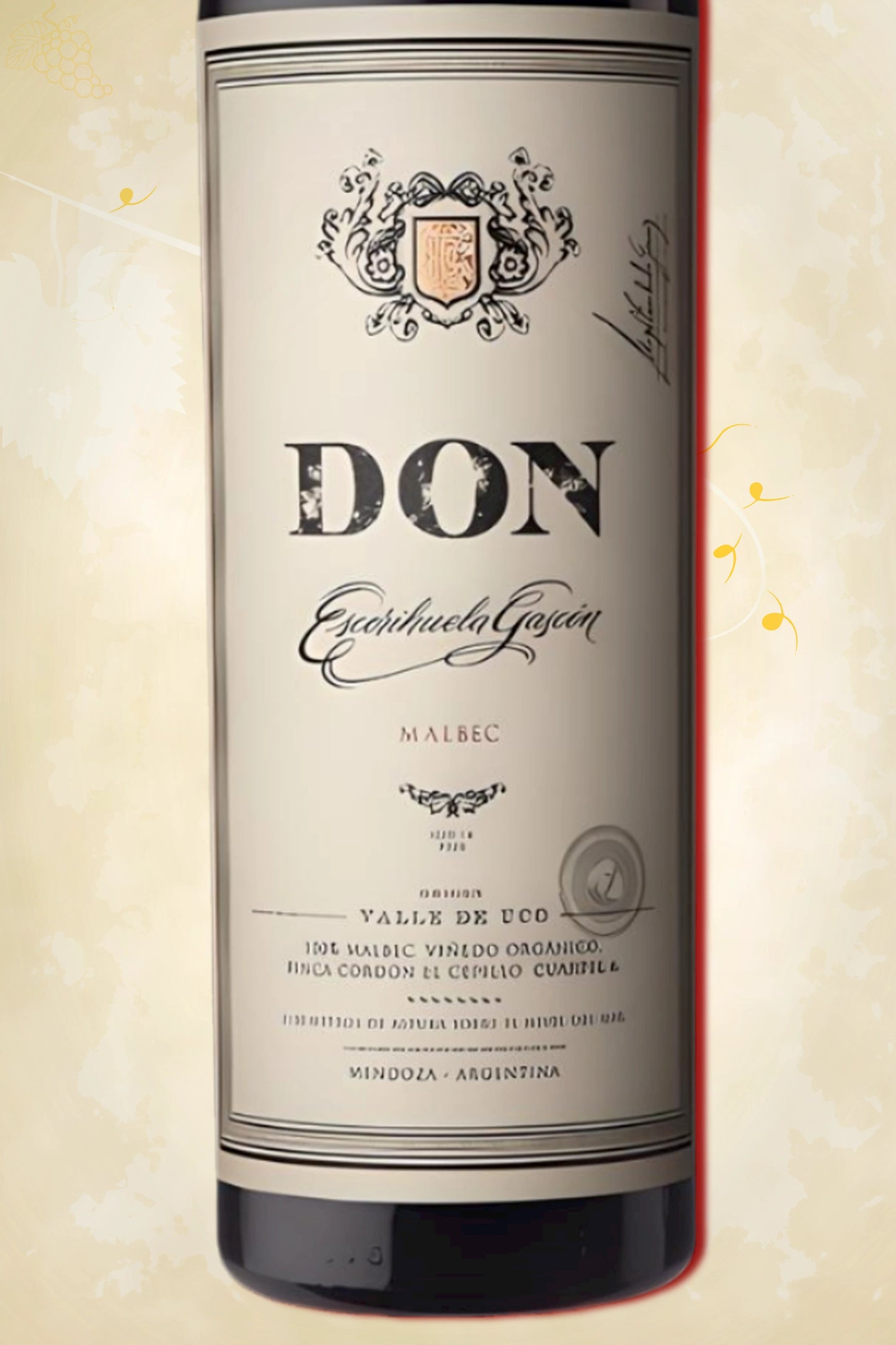 Label zoom: Escorihuela Gascón – DON Malbec (2021) – logo en tekst scherp zichtbaar