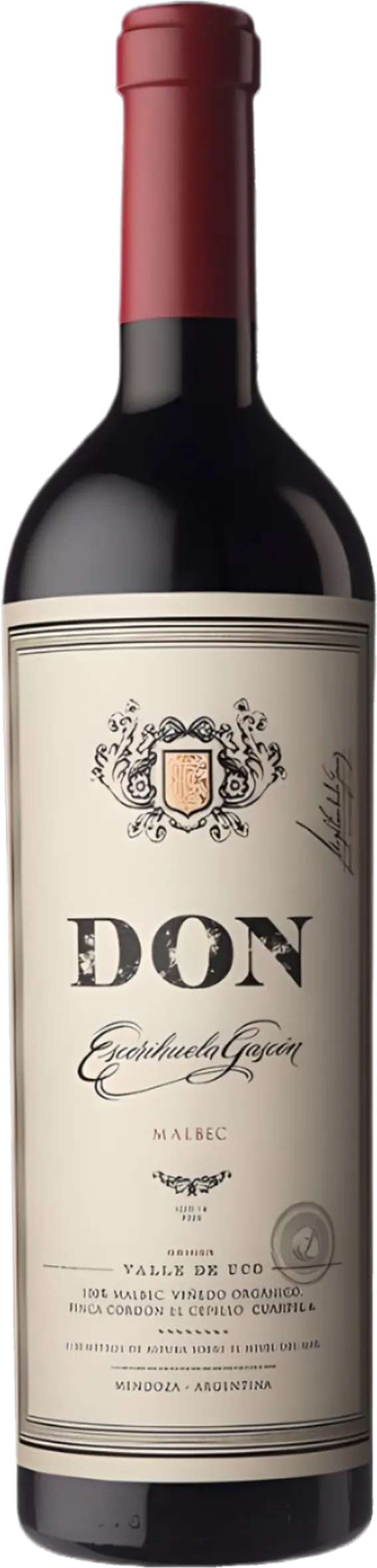 Exclusieve Escorihuela Gascón – DON Malbec (2021) tegen rode achtergrond