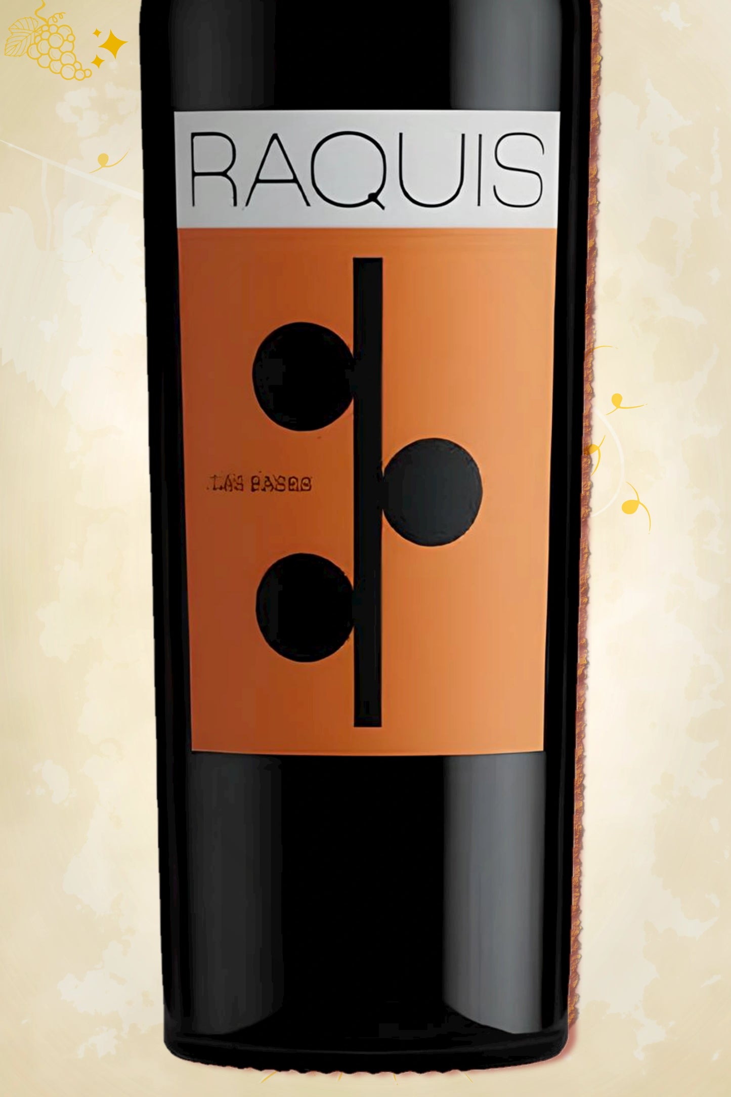 Etiket close‑up van Raquis – Las Bases Malbec (2021) – focus op logo tegen beige achtergrond