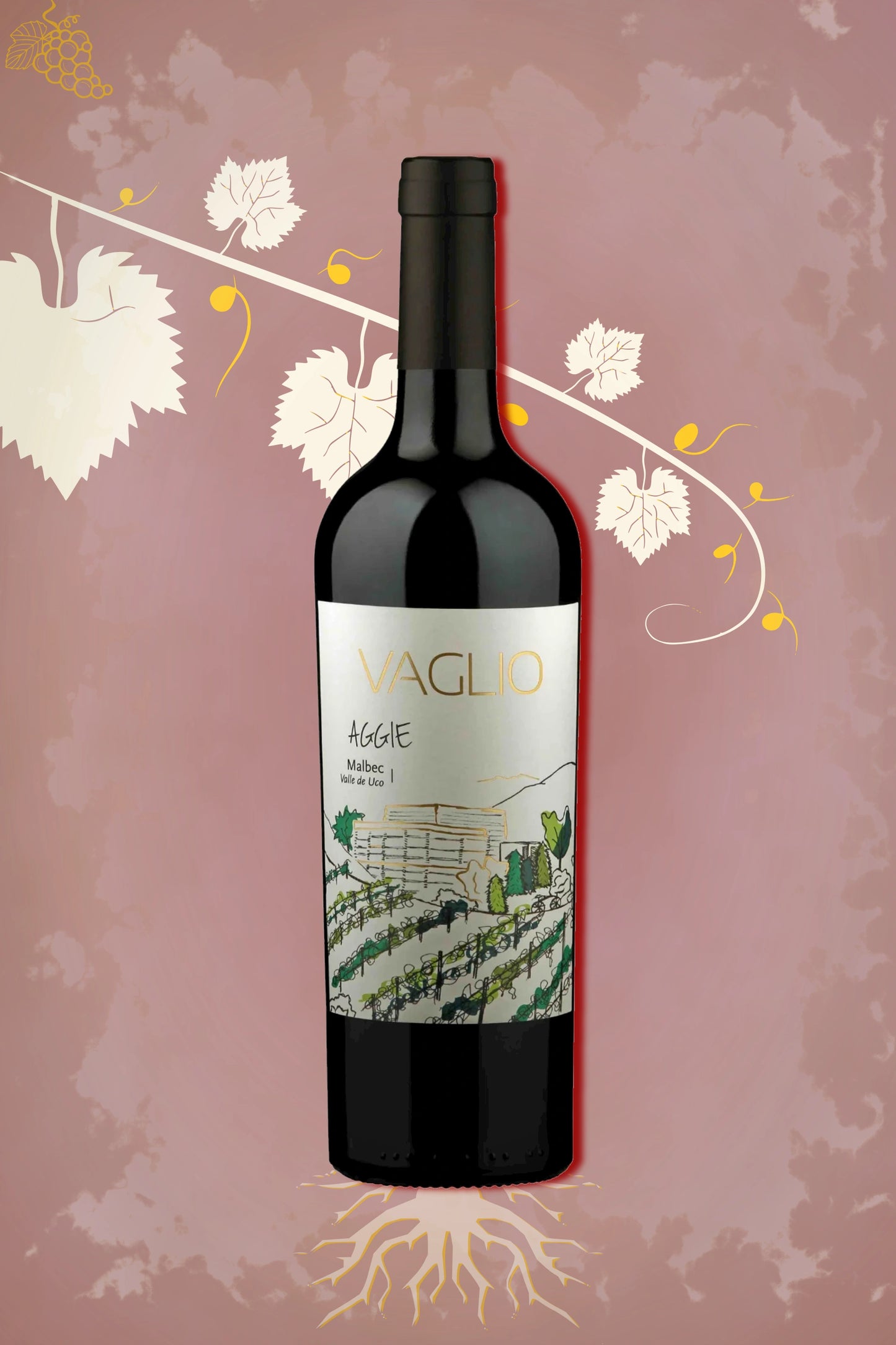 Fles Vaglio – Aggie Malbec (2021) – rode wijn in rode setting