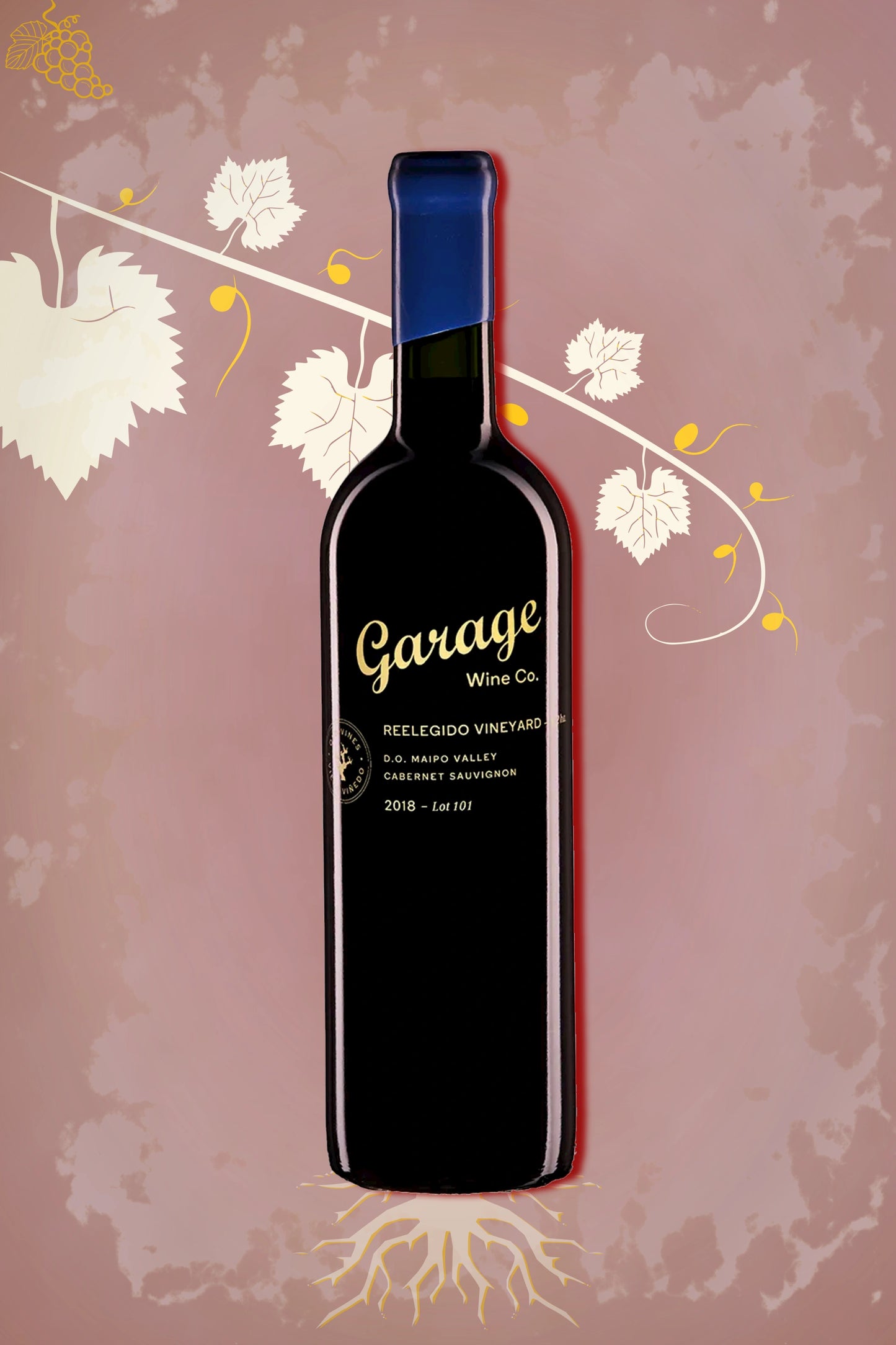 Exclusieve Garage Wine Co – Parcels Reelegido Cabernet Sauvignon (2019) tegen rode achtergrond