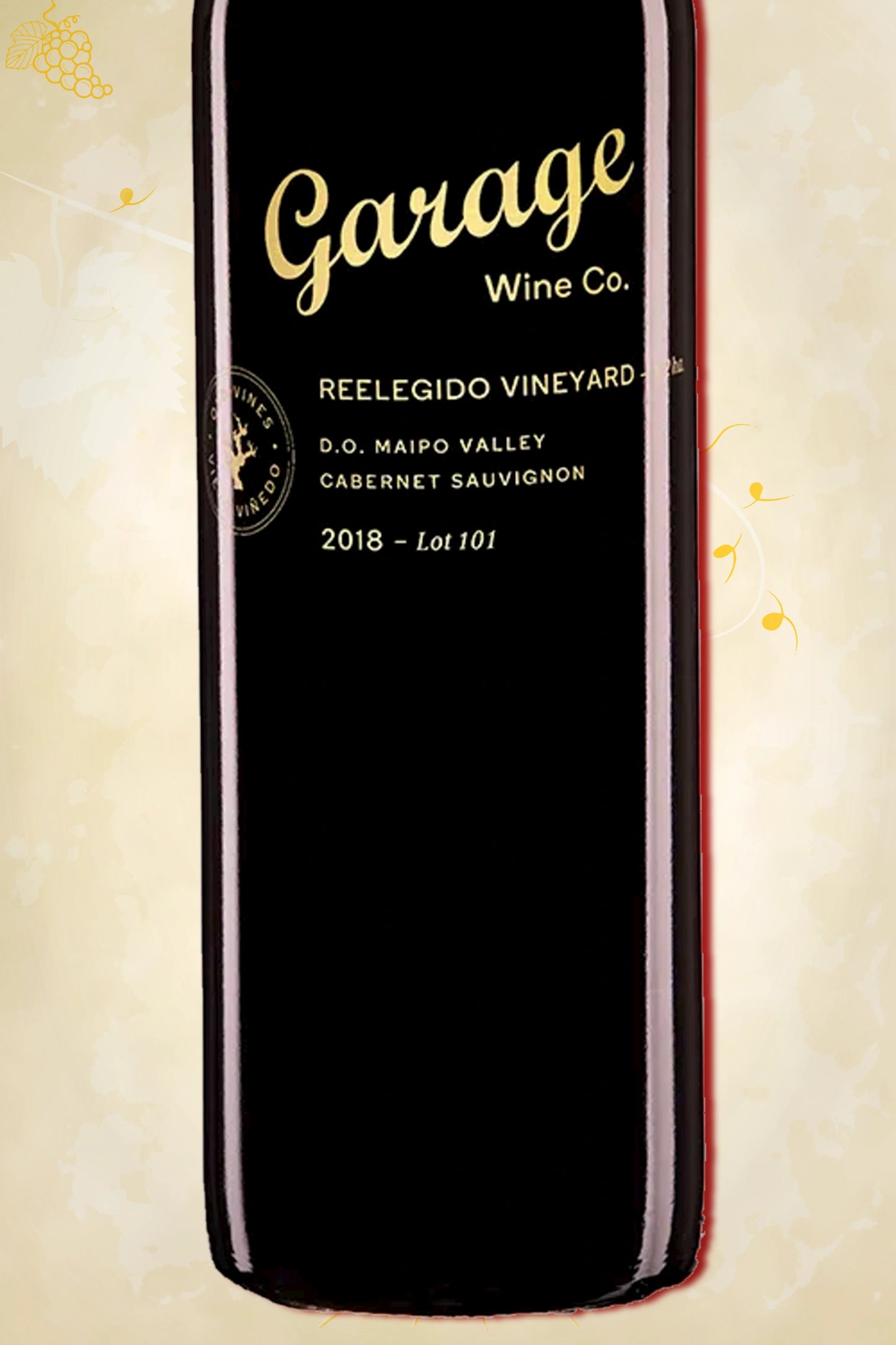 Close‑up etiket: Garage Wine Co – Parcels Reelegido Cabernet Sauvignon (2019) – volledige weergave op beige achtergrond