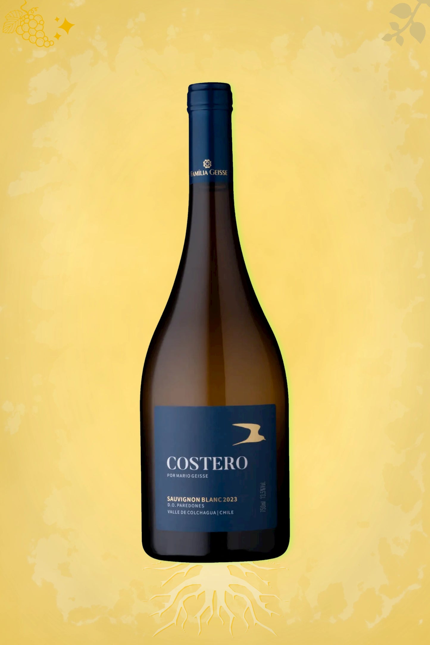 Mario Geisse – Costero Sauvignon Blanc (2023) – exclusieve witte wijn op gouden achtergrond
