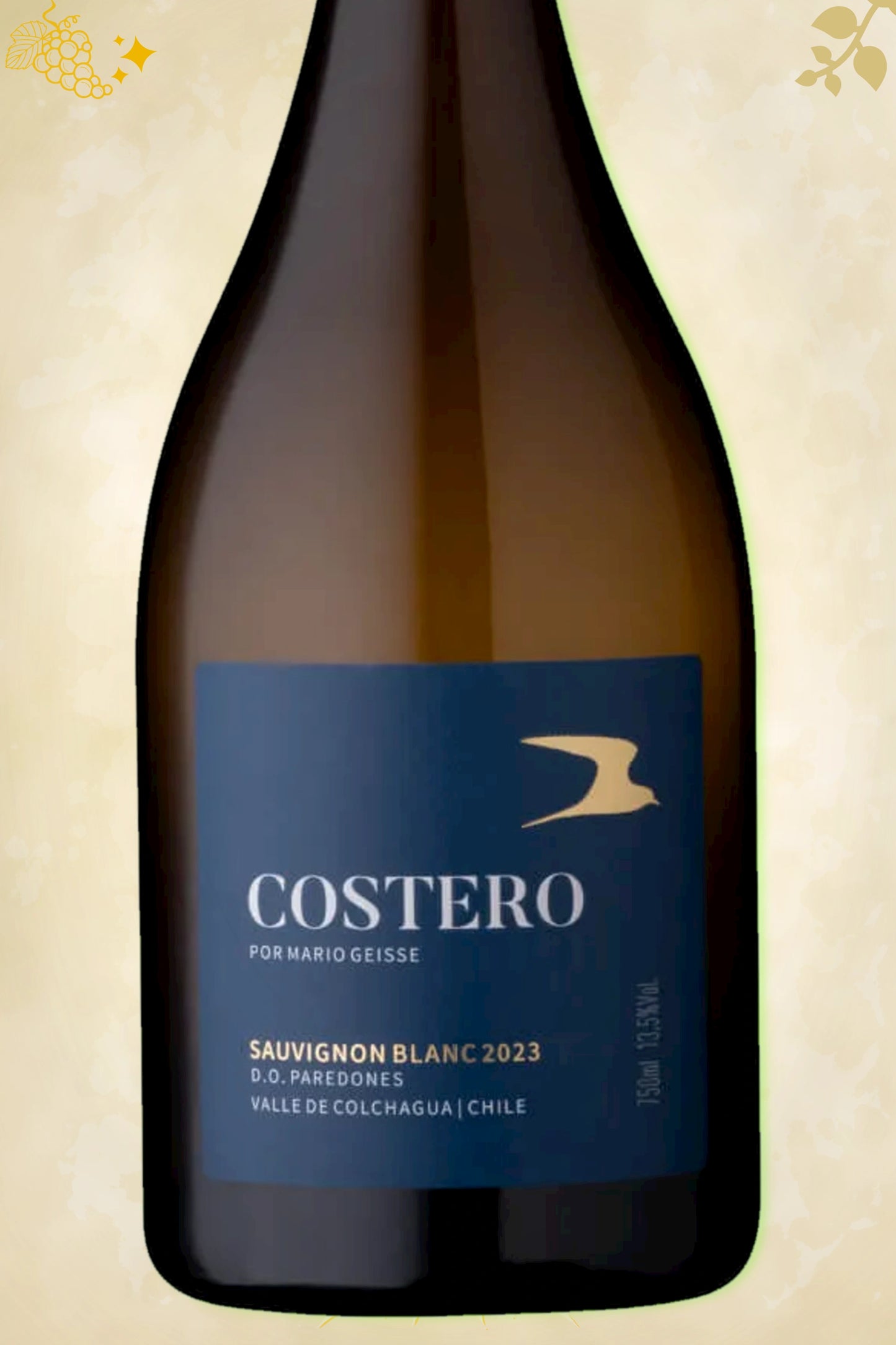 Detail etiket Mario Geisse – Costero Sauvignon Blanc (2023) – witte wijn herkenbaar op beige achtergrond