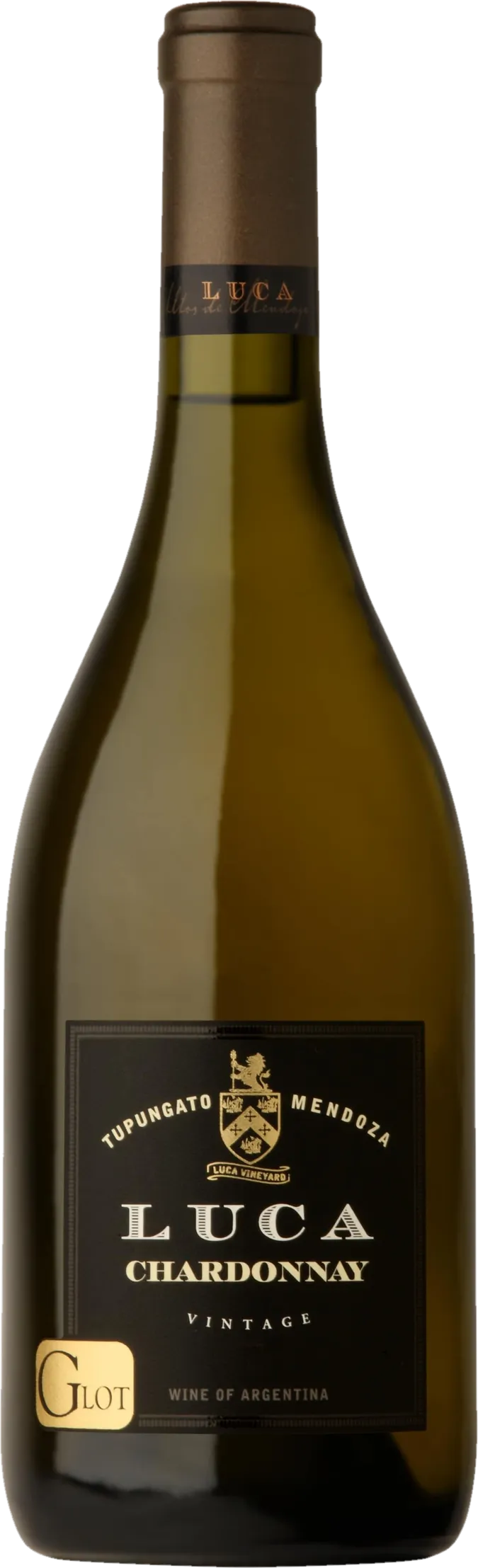 Fles Luca – G-Lot Chardonnay (2023) – witte wijn in gouden setting
