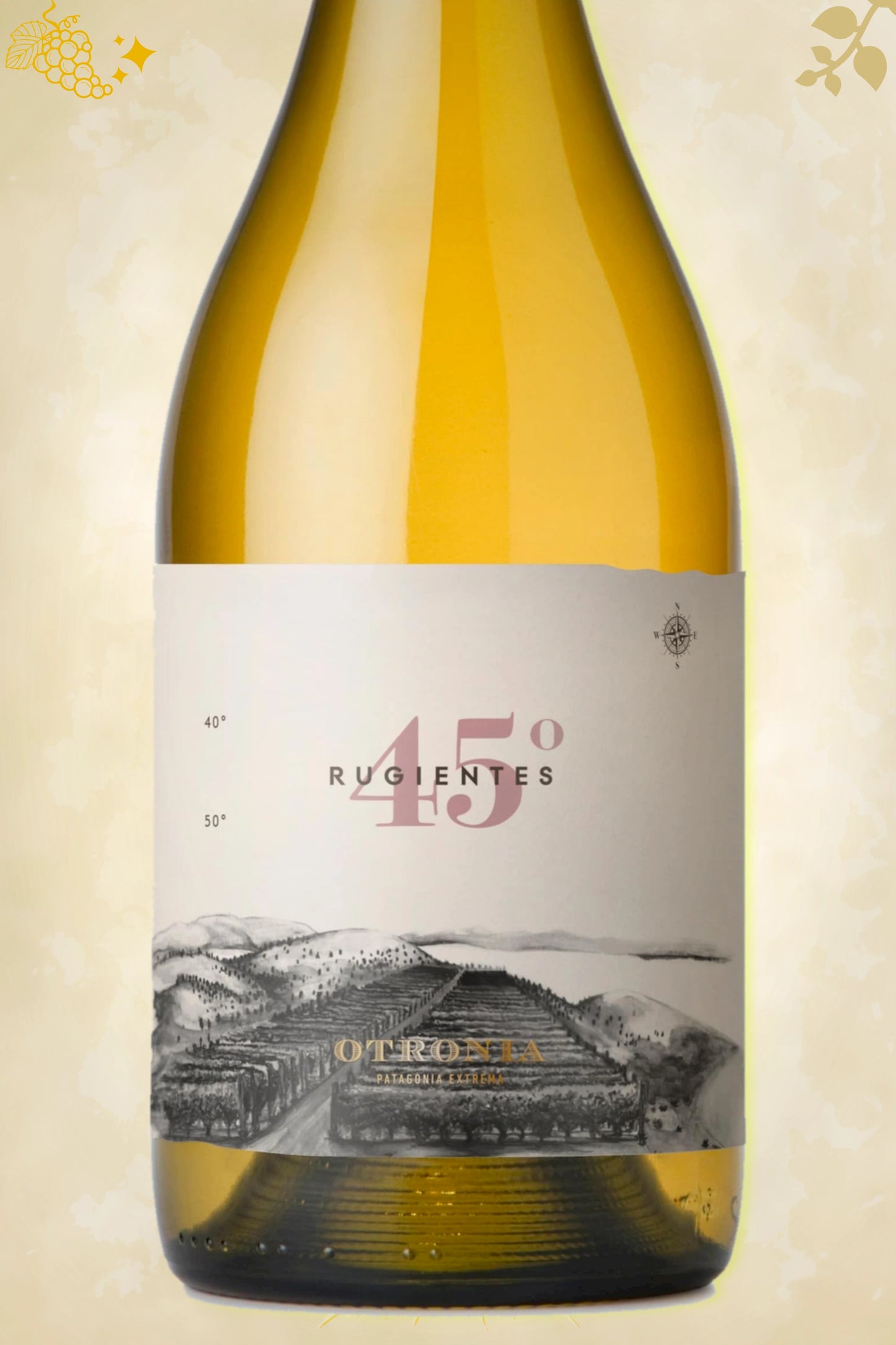Etiket close‑up van Otronia – 45 Rugientes Corte de Blancas Organic (2020) – focus op logo tegen beige achtergrond