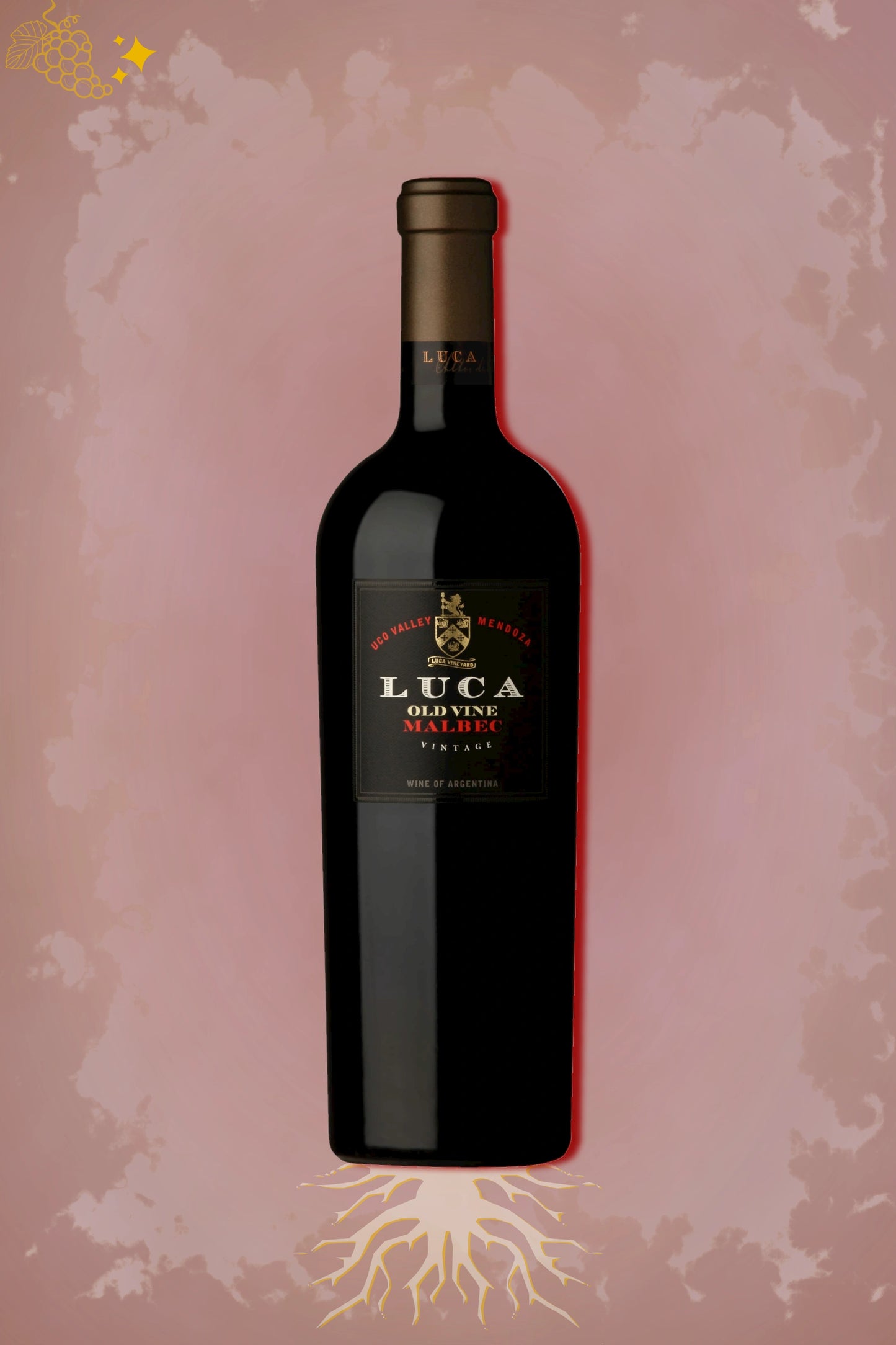 Luca – Old Vine Malbec (2021) – rode wijn tegen rode achtergrond