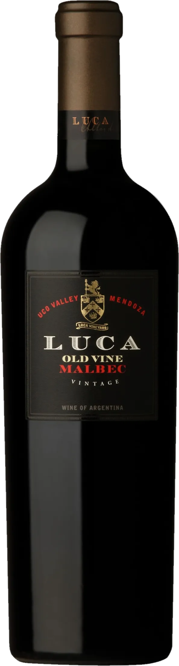 Luca – Old Vine Malbec (2021) – rode wijn tegen rode achtergrond