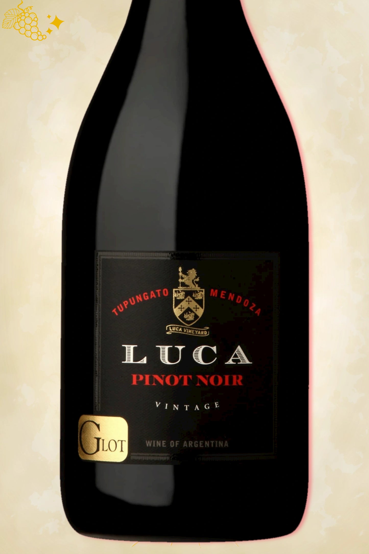 Close‑up etiket: Luca – G-Lot Pinot Noir (2021) – volledige weergave op beige achtergrond