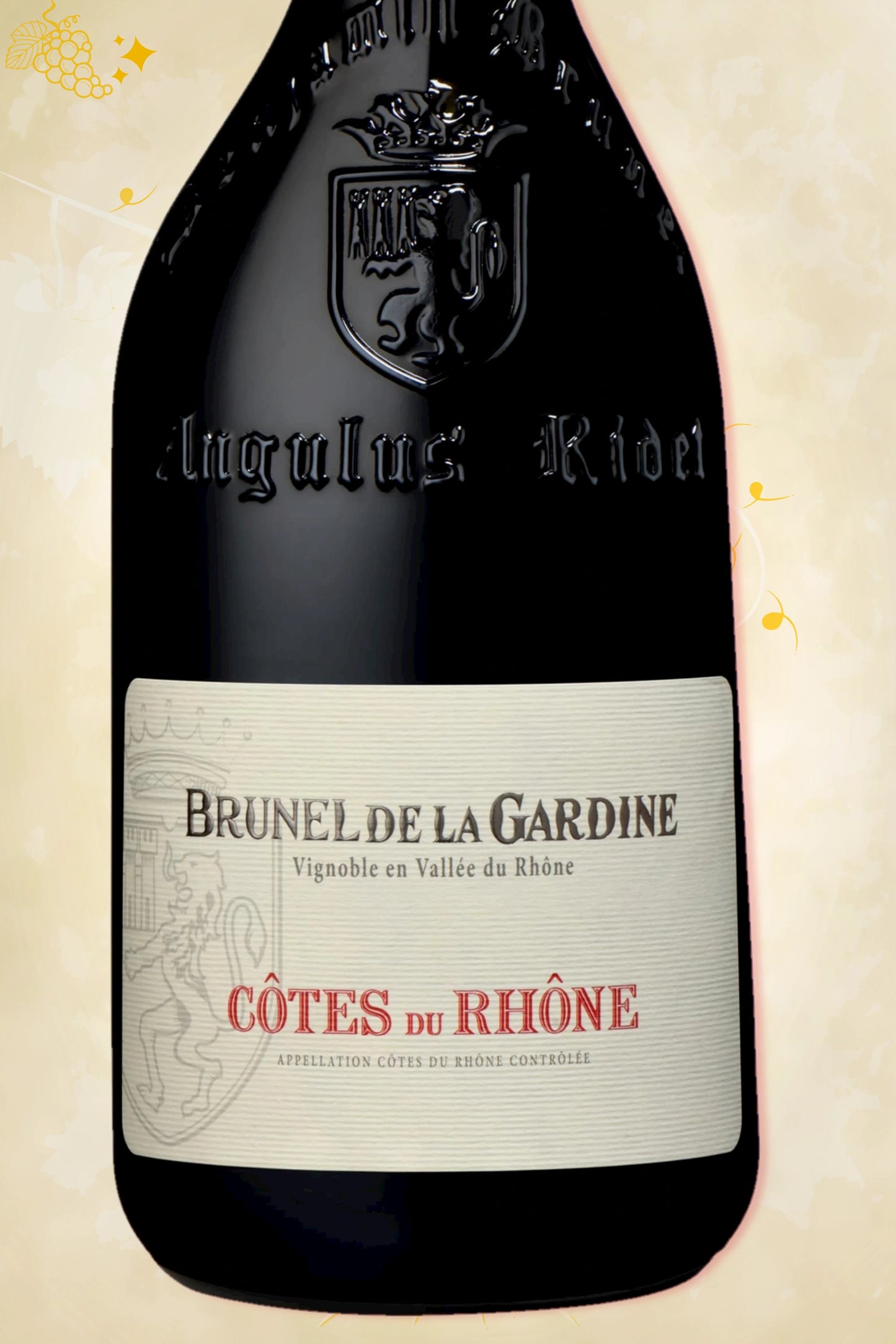 Label zoom: Château de la Gardine – Brunel de la Gardine Côtes du Rhône (2022) – logo en tekst scherp zichtbaar
