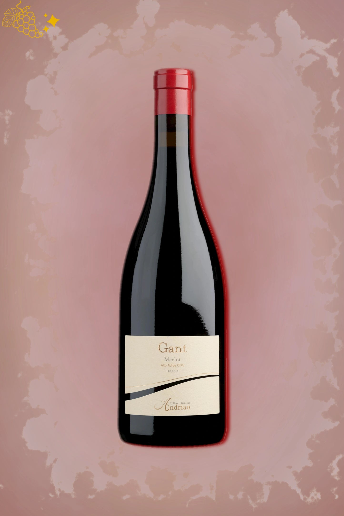 🍷 Kellerei Cantina Andrian – Gant Merlot Alto Adige Riserva (2019) – rode wijn tegen rode achtergrond