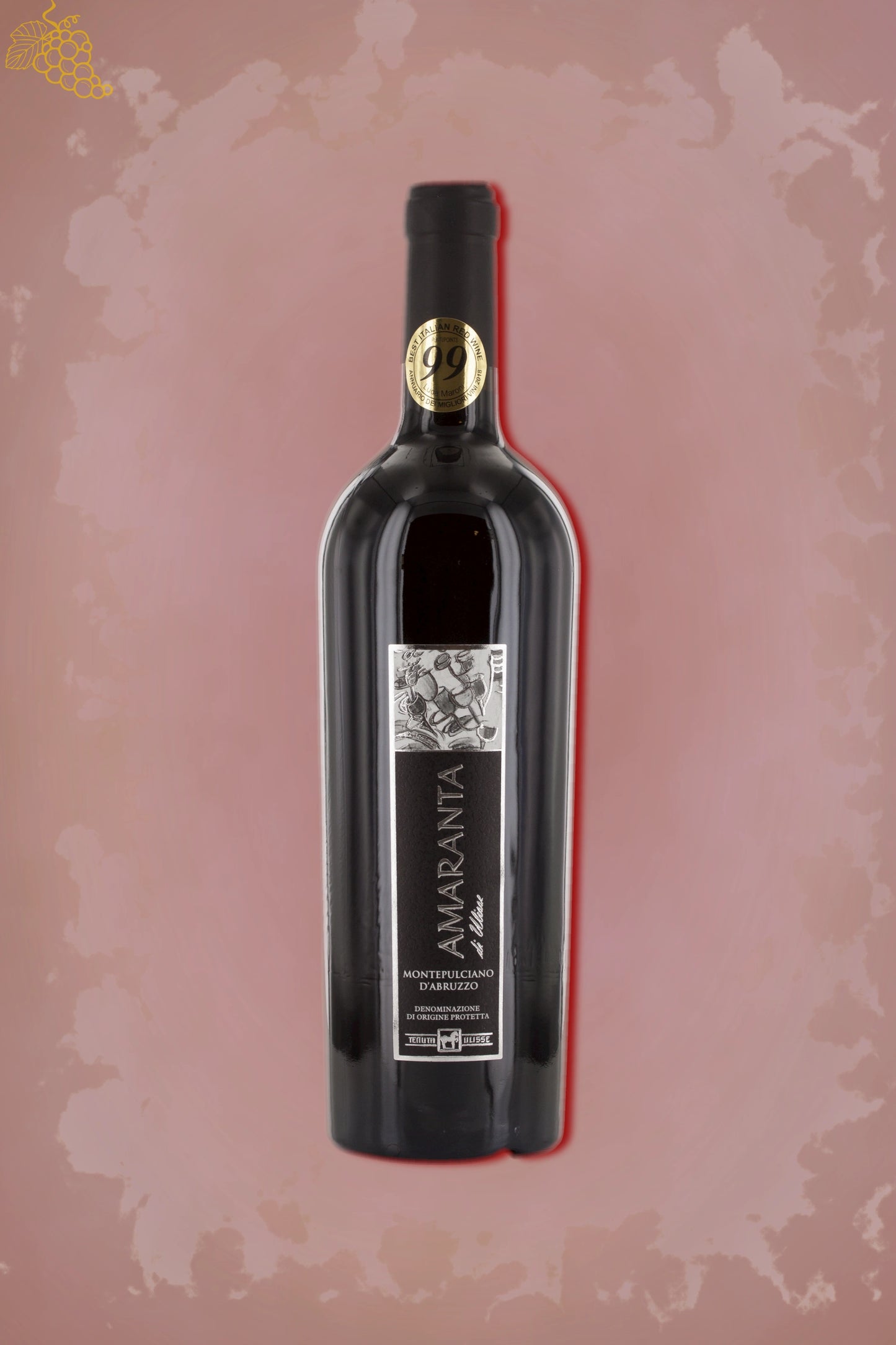 Ulisse – Amaranta Montepulciano d’Abruzzo (2021) – robijnrode rode wijn tegen rode achtergrond