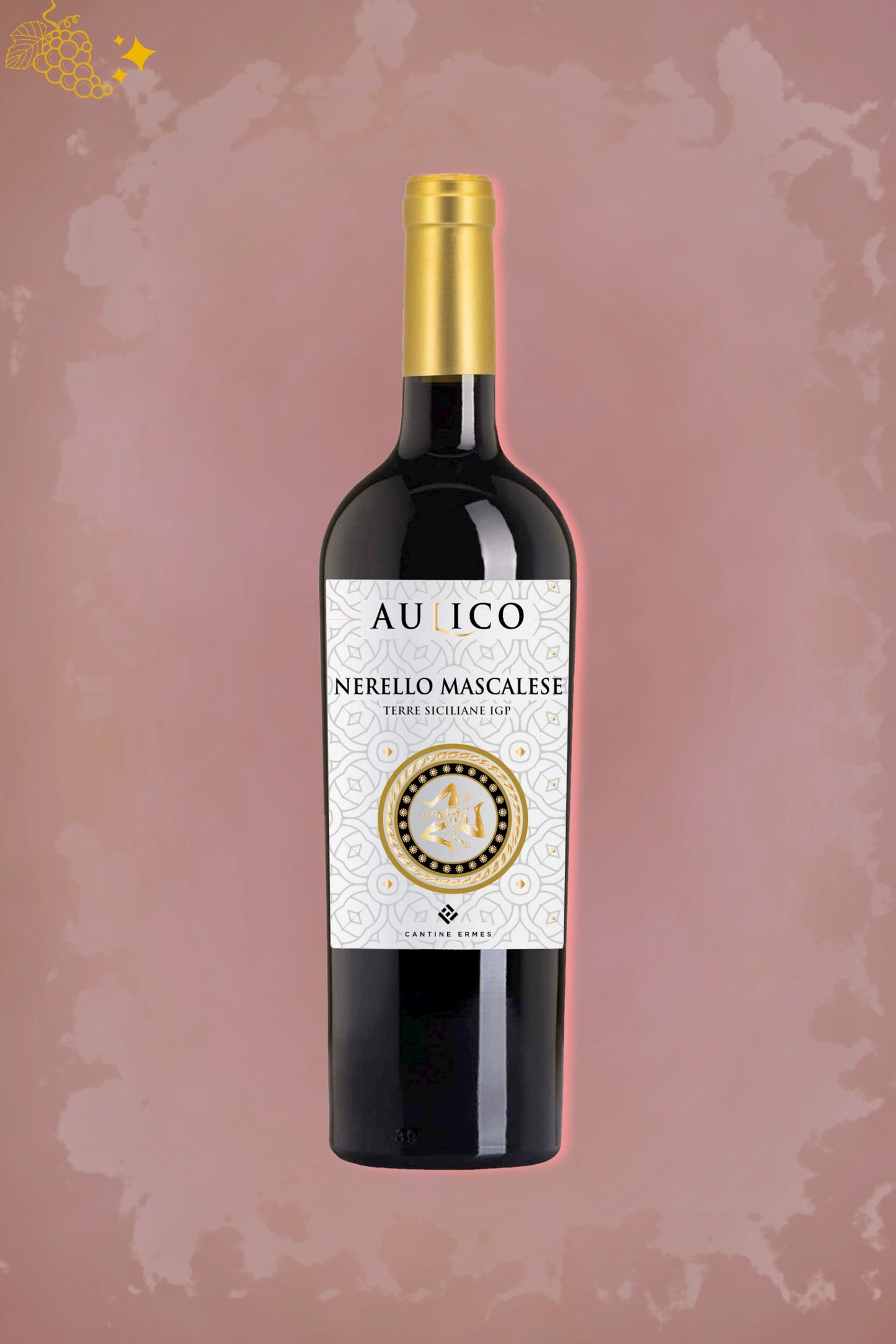 Exclusieve Cantine Ermes – Aulico Nerello Mascalese (2024) tegen rode achtergrond