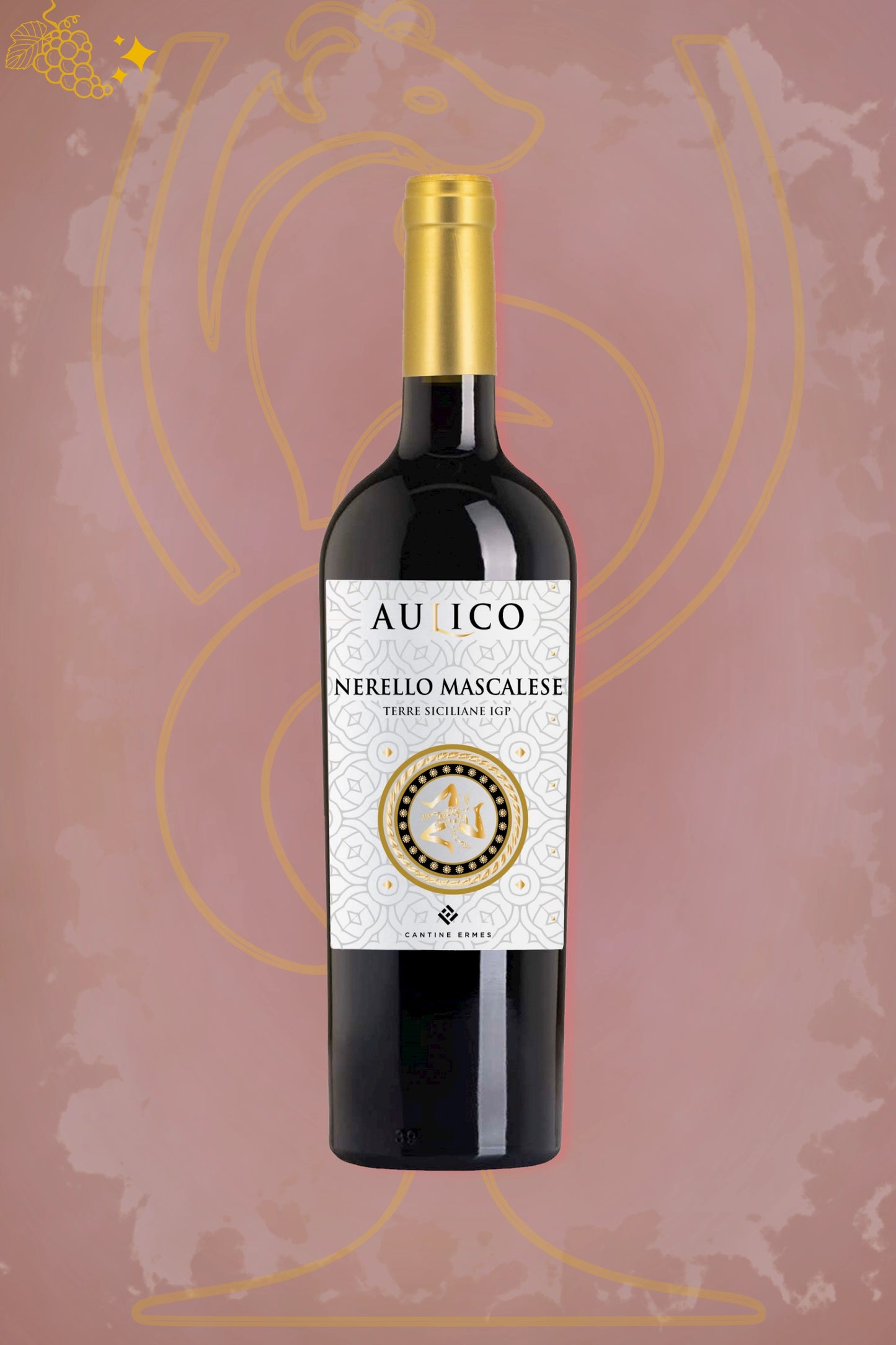 Exclusieve Cantine Ermes – Aulico Nerello Mascalese (2023) tegen rode achtergrond