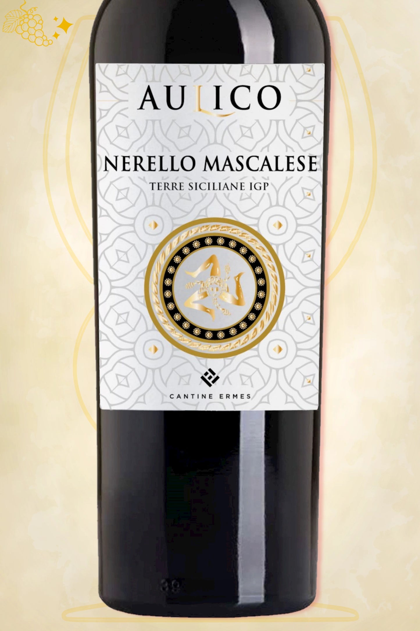 Ingezoomd label: Cantine Ermes – Aulico Nerello Mascalese (2023) – ontwerpdetails op beige achtergrond