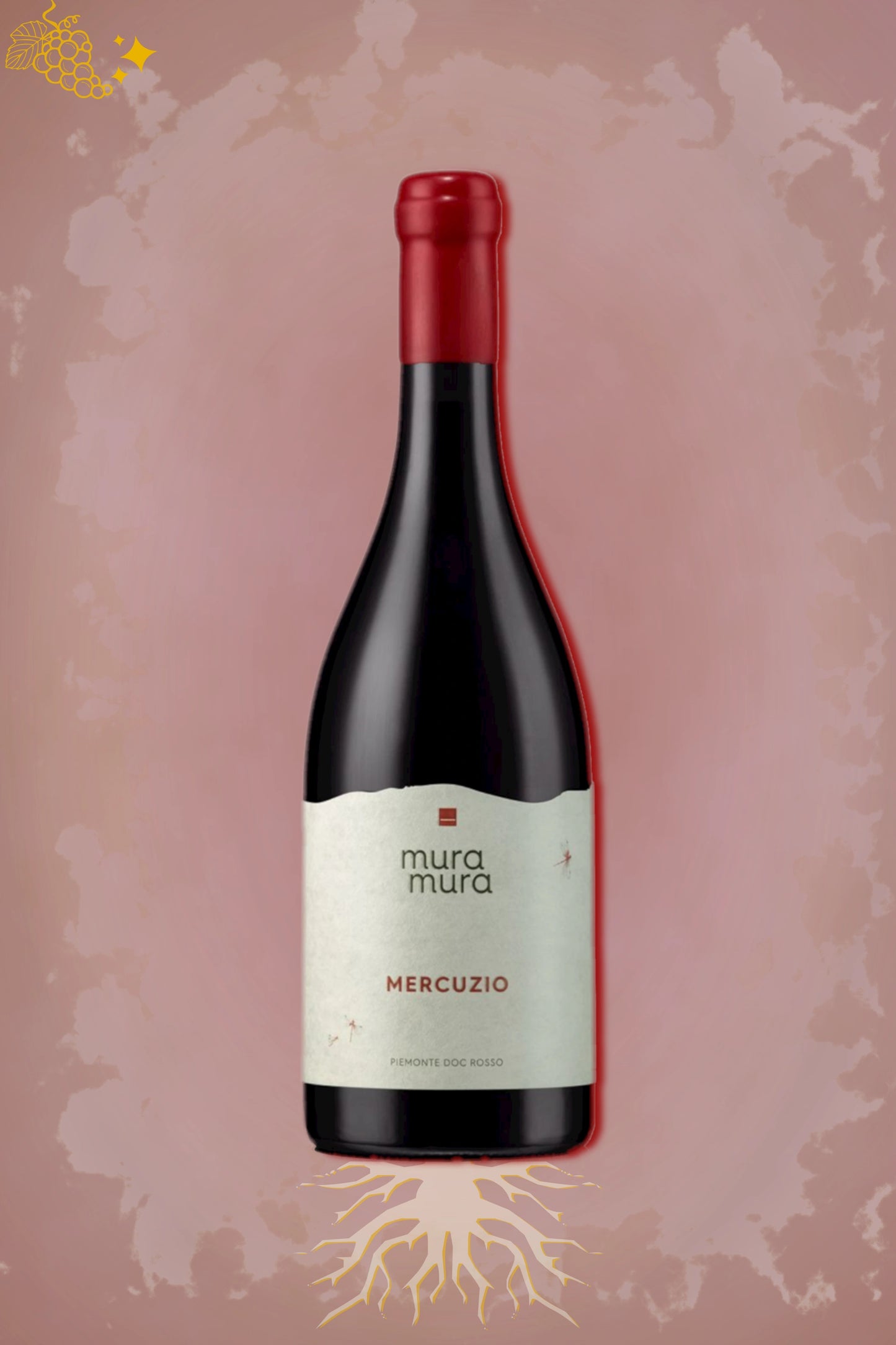 Fles Mura Mura – Mercuzio Piemonte Rosso (2018) – rode wijn in rode setting