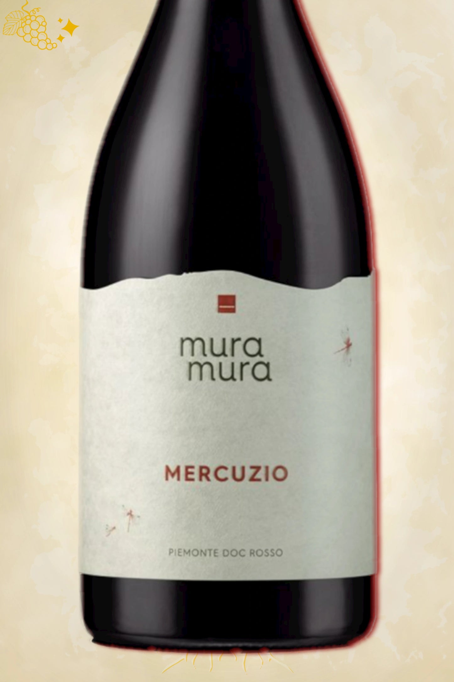 🔍 Mura Mura – Mercuzio Piemonte Rosso (2018) – close‑up etiket detail op beige achtergrond