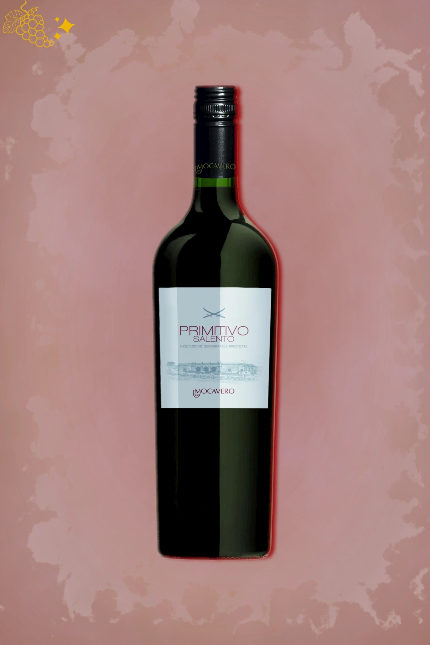 🍷 Mocavero – Primitivo Salento (2023) – rode wijn tegen rode achtergrond