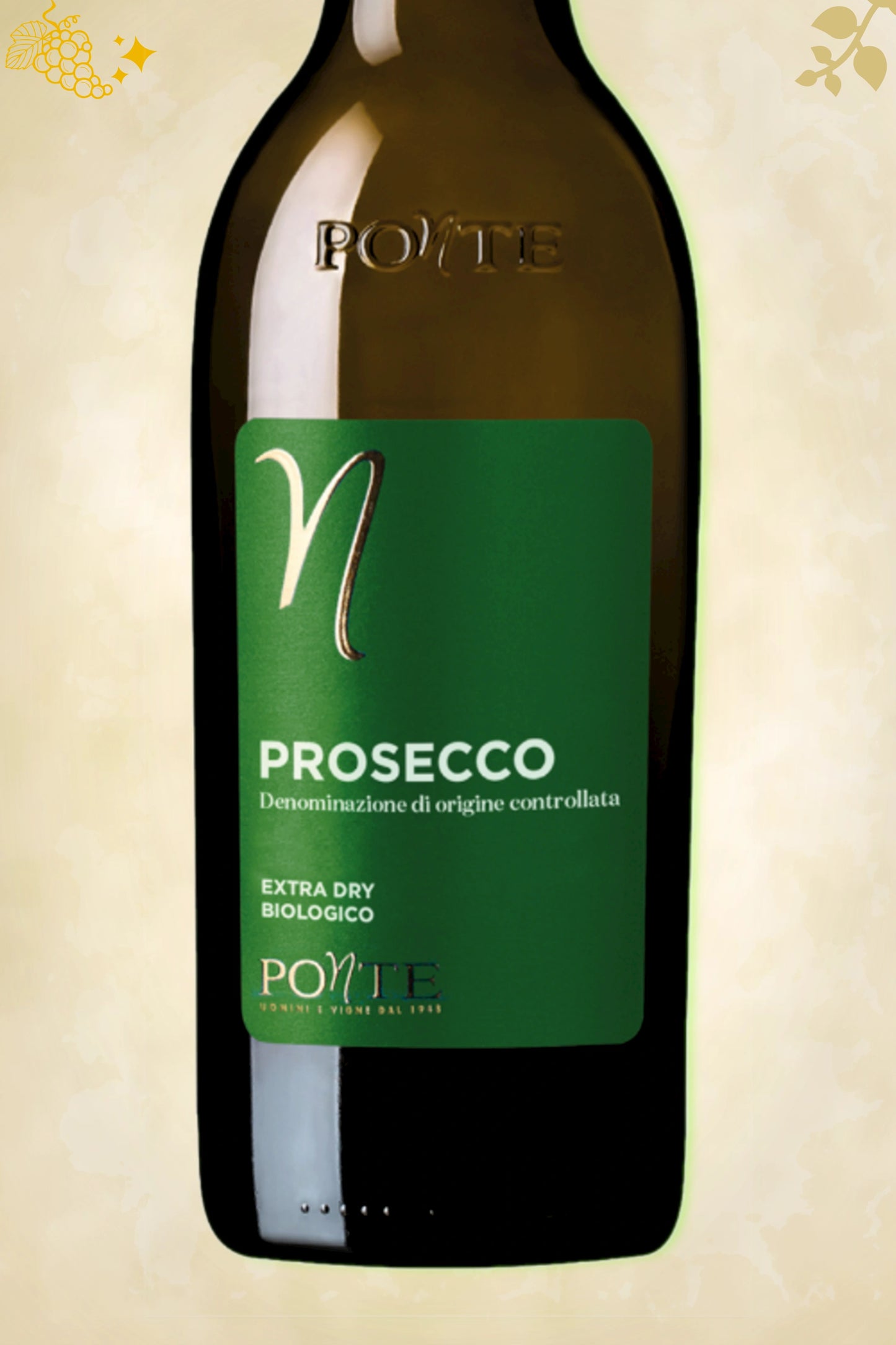 Close‑up etiket: Ponte – Prosecco Spumante Organic (NV) – volledige weergave op beige achtergrond