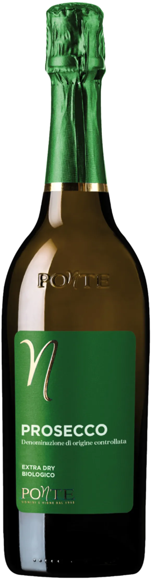 Fles Ponte – Prosecco Spumante Organic (NV) zonder achtergrond – mousserend zichtbaar in detail