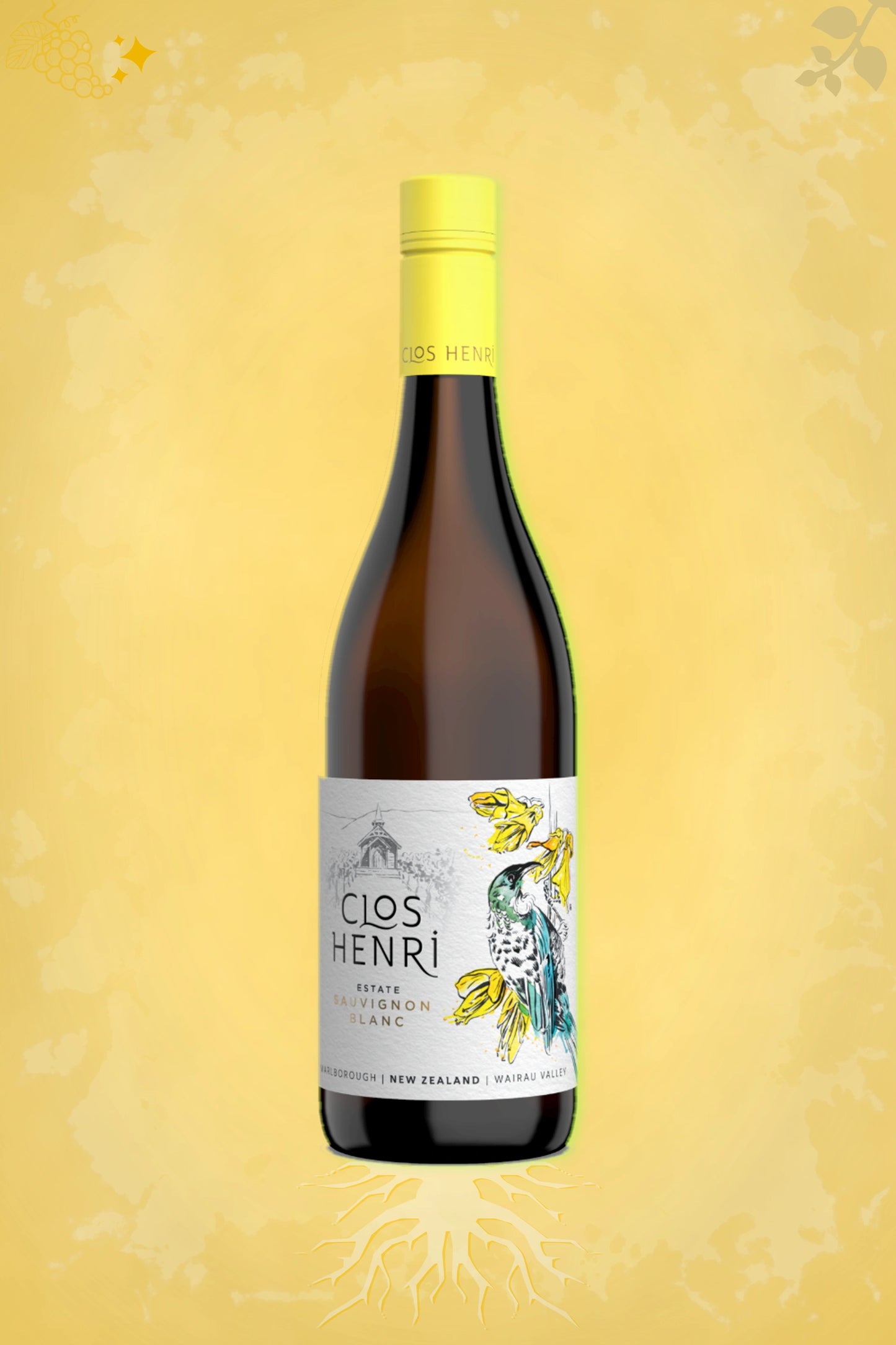 Premium presentatie: Clos Henri – Estate Sauvignon Blanc Organic (2023) met gouden gloed
