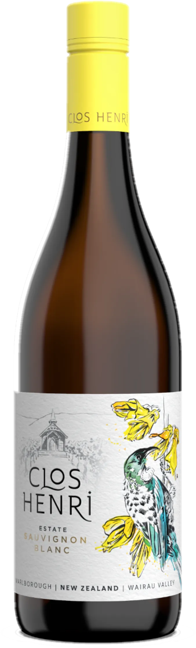 Fles Clos Henri – Estate Sauvignon Blanc Organic (2023) zonder achtergrond – witte wijn zichtbaar in detail