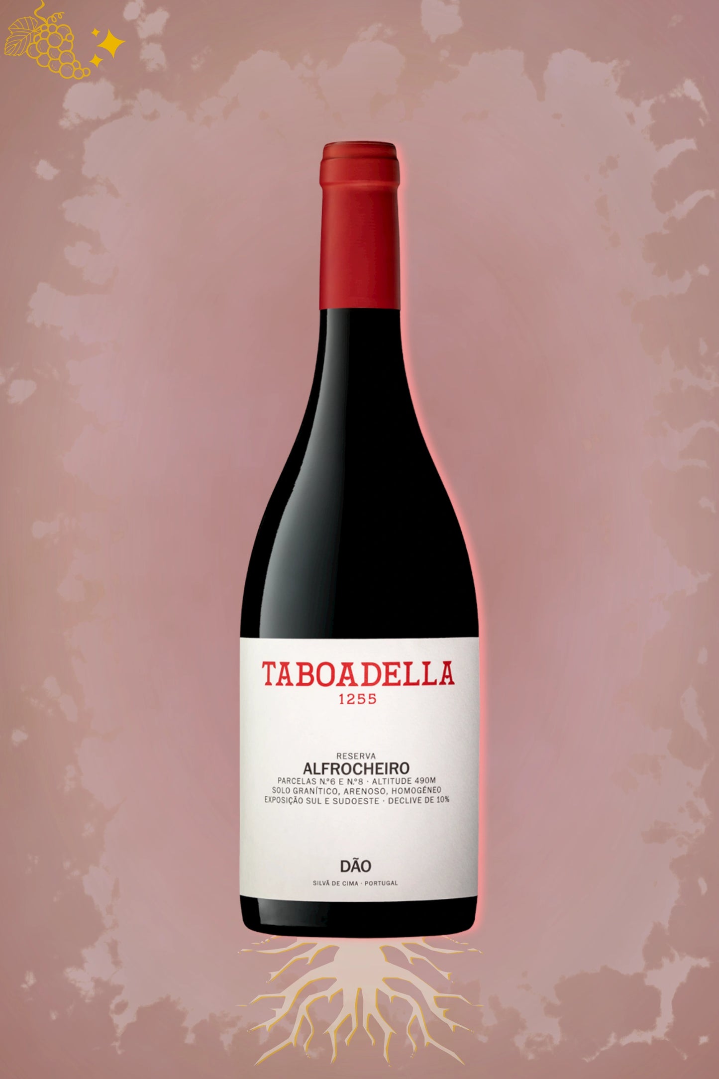 🍷 Tabaodella – Taboadella 1255 Alfrocheiro Reserva Dão (2021) – rode wijn tegen rode achtergrond
