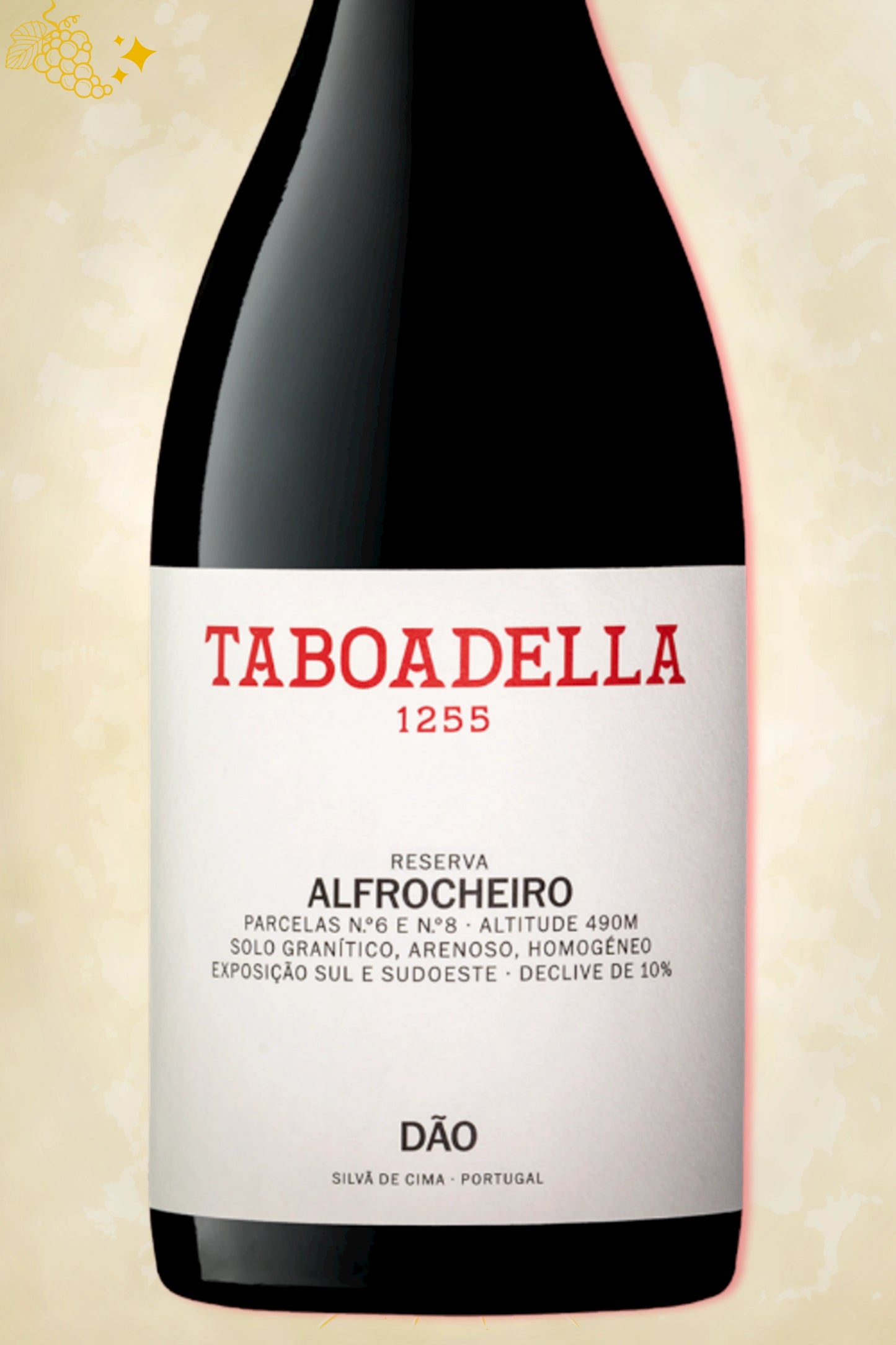 Close‑up etiket: Tabaodella – Taboadella 1255 Alfrocheiro Reserva Dão (2021) – volledige weergave op beige achtergrond