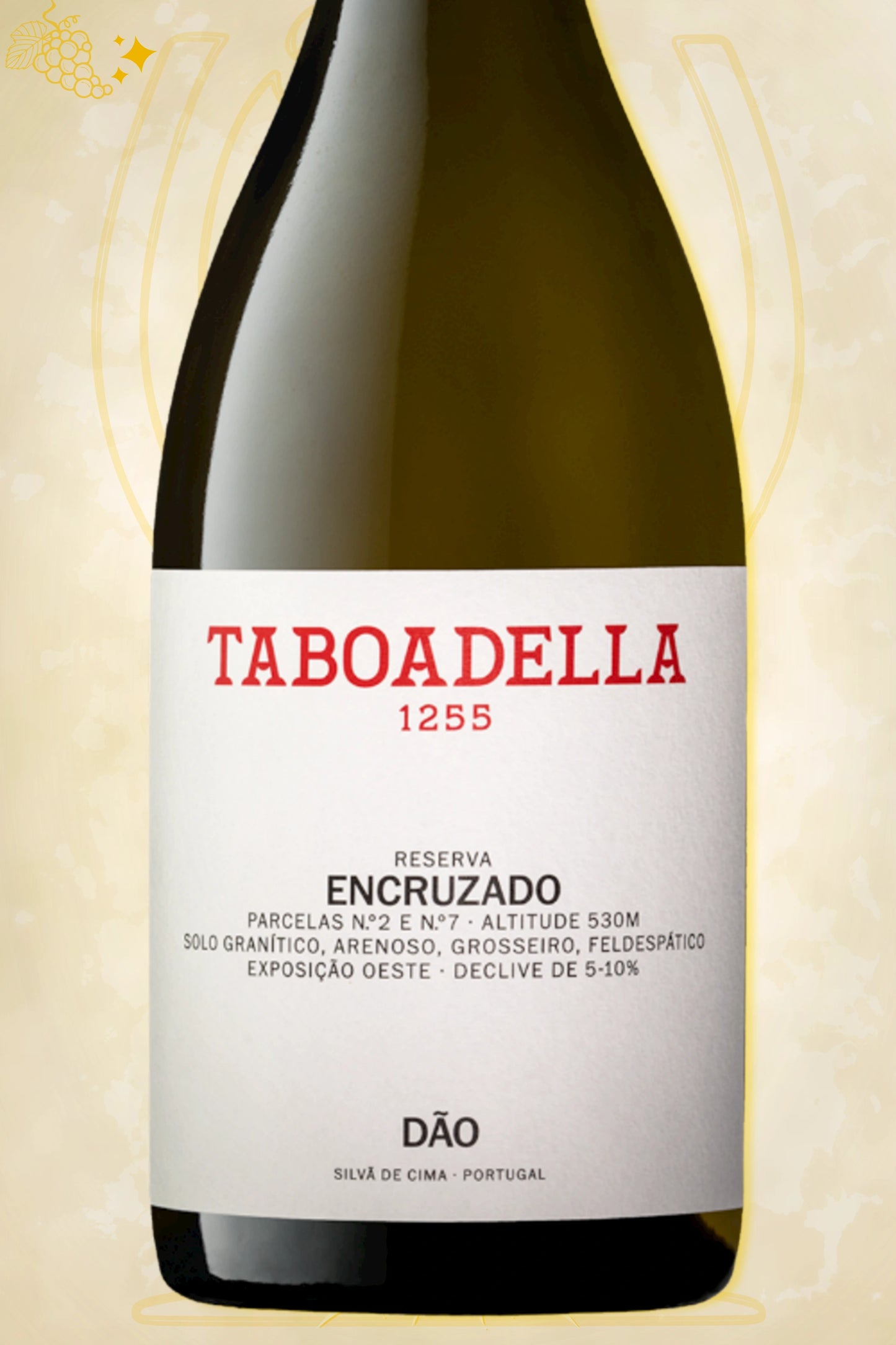 Detail etiket Tabaodella – Taboadella 1255 Encruzado Reserva Dão (2024) – witte wijn herkenbaar op beige achtergrond
