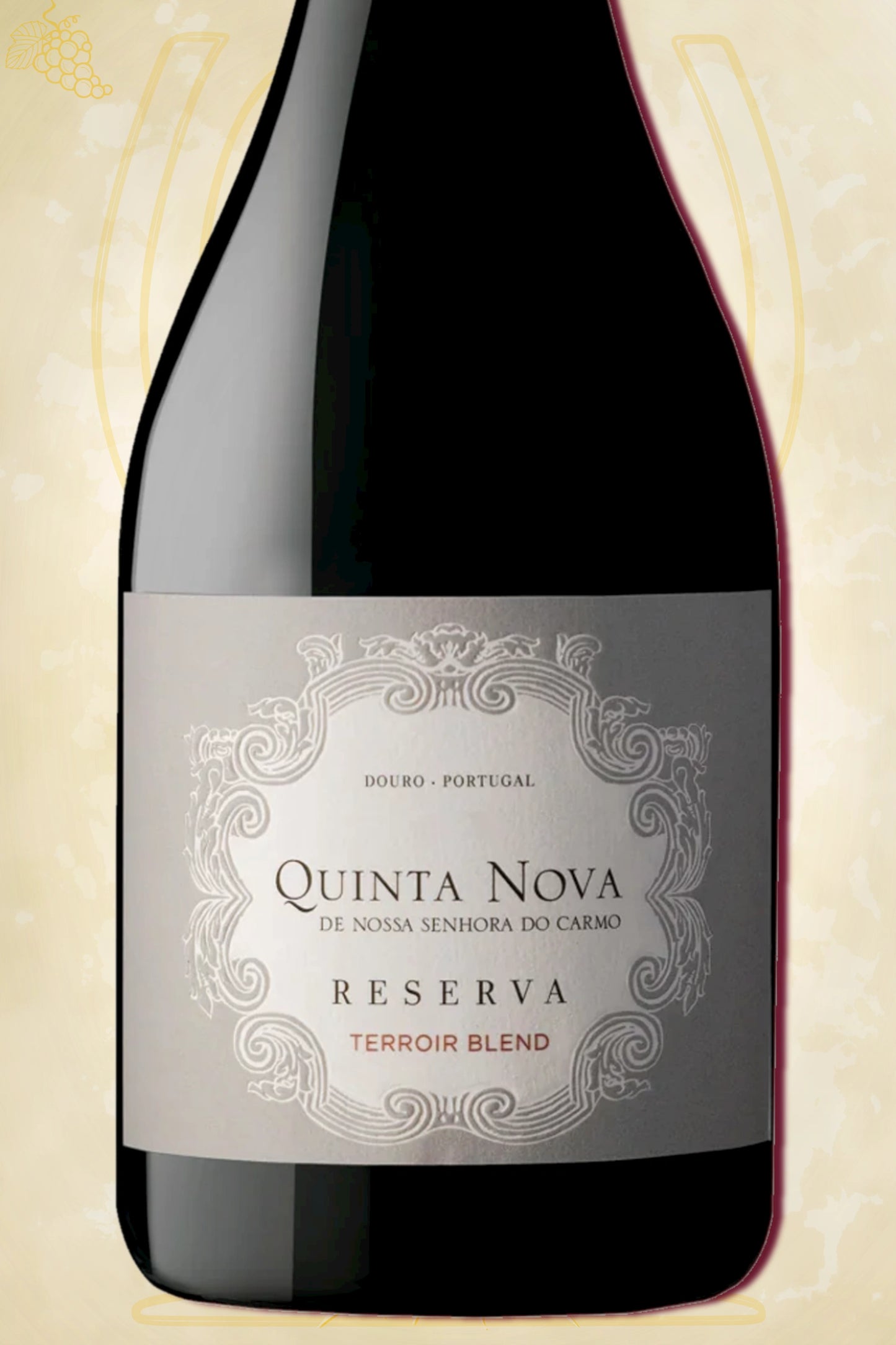 Close-up label Quinta Nova Terroir Reserva Tinto Douro 2023 – Quinta Nova logo en barrique-details