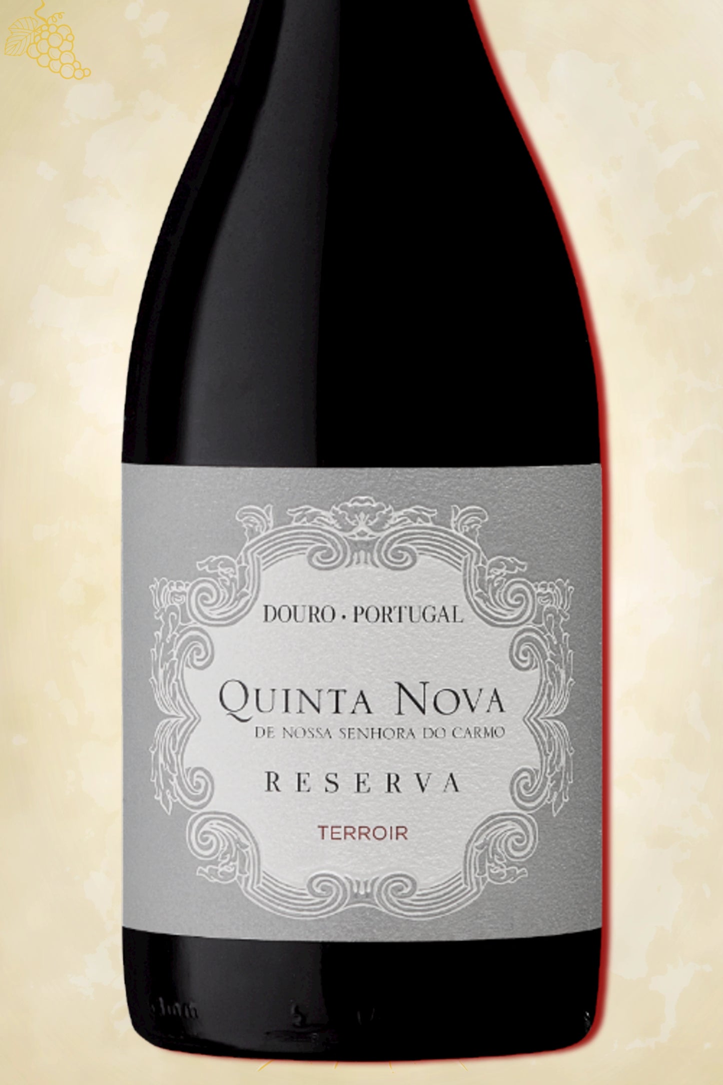 Close‑up etiket: Quinta Nova – Terroir Reserva Tinto Douro (2022) – volledige weergave op beige achtergrond
