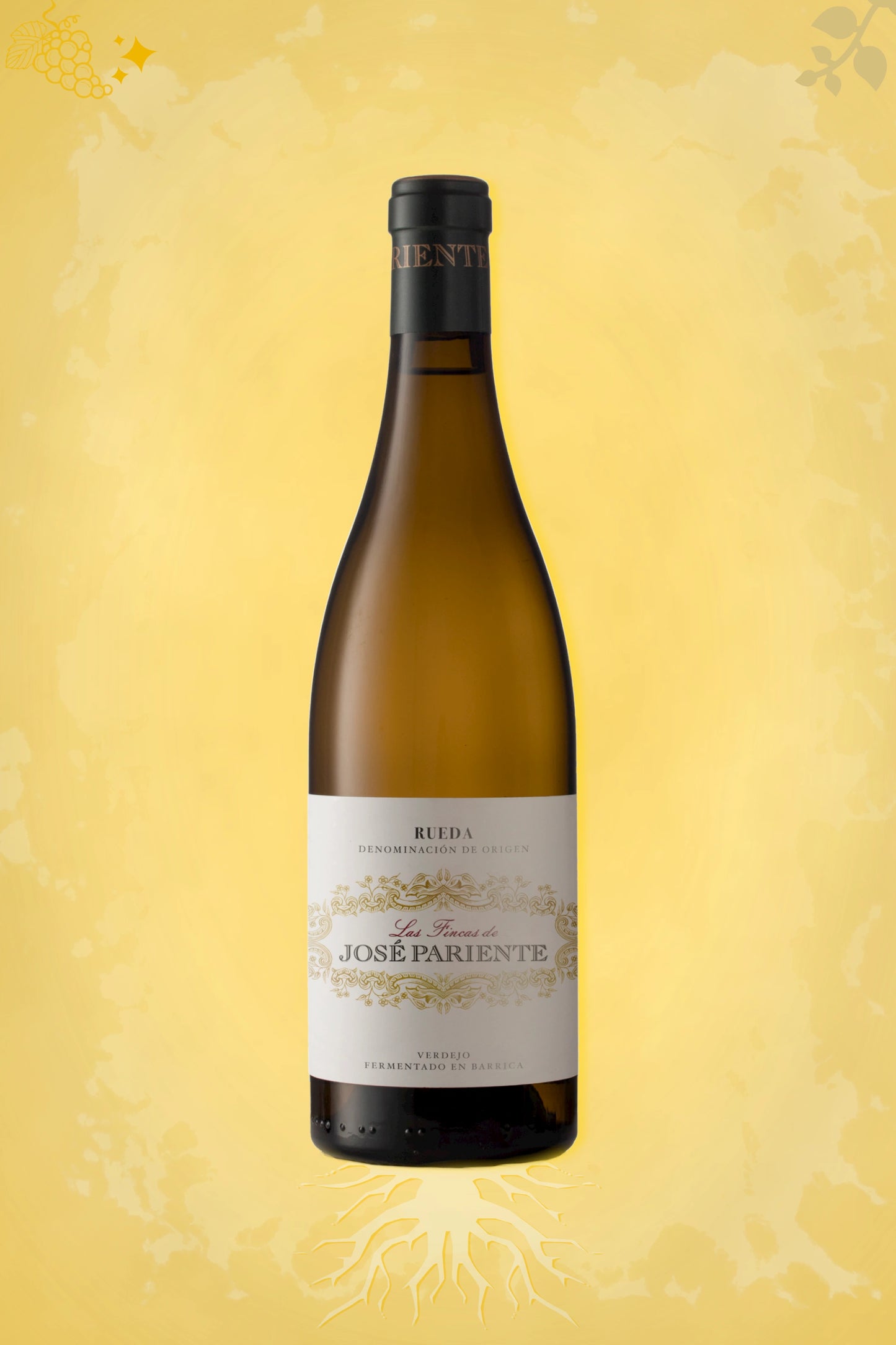 Gouden achtergrond voor Jose Pariente – Las Fincas de JP Verdejo Rueda Organic (2023) – premium witte wijn
