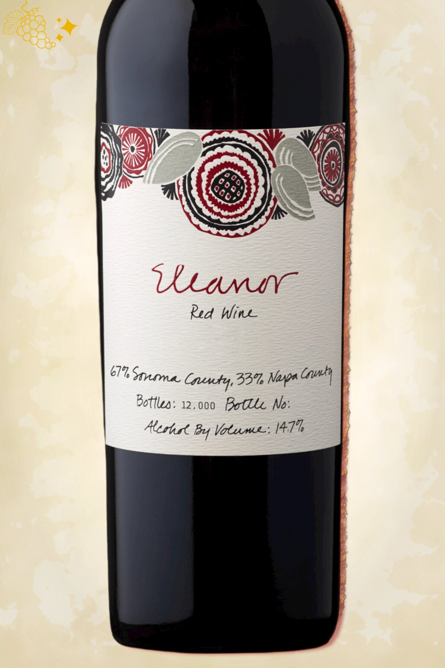 Fijn detail etiket Coppola – Eleanor Red Blend Sonoma County (2021) tegen beige achtergrond