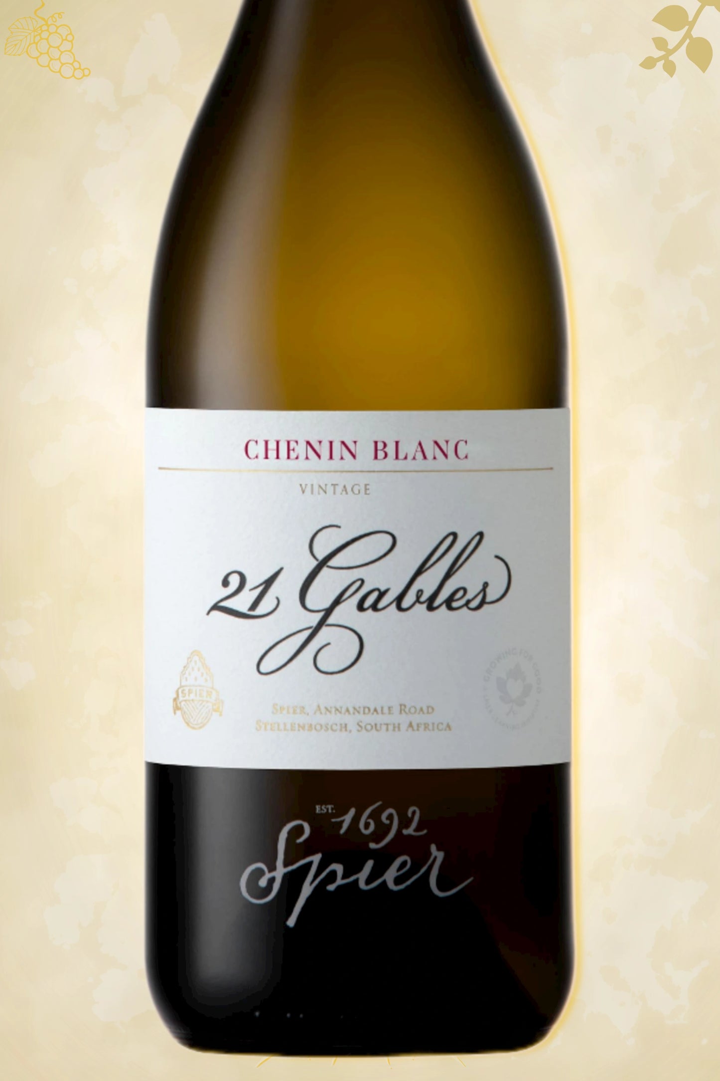 Detail etiket Spier – 21 Gables Chenin Blanc (2022) – witte wijn herkenbaar op beige achtergrond