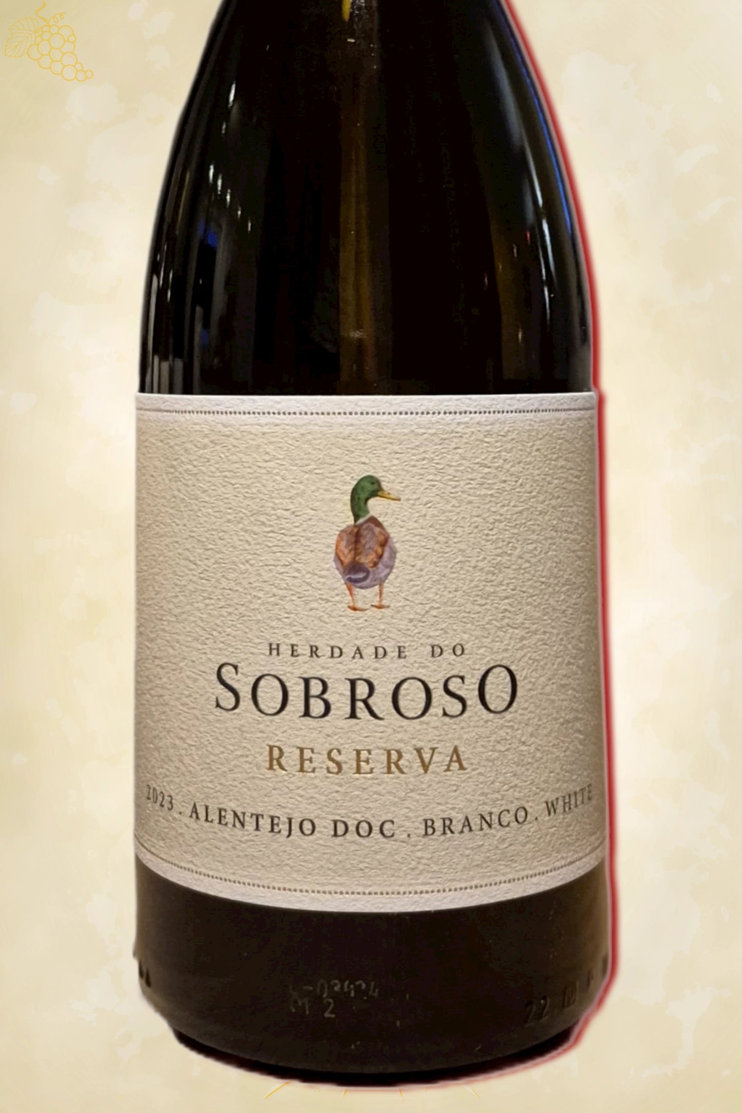 Close‑up etiket: Herdade do Sobroso - Reserva Tinto (2023) – volledige weergave op beige achtergrond