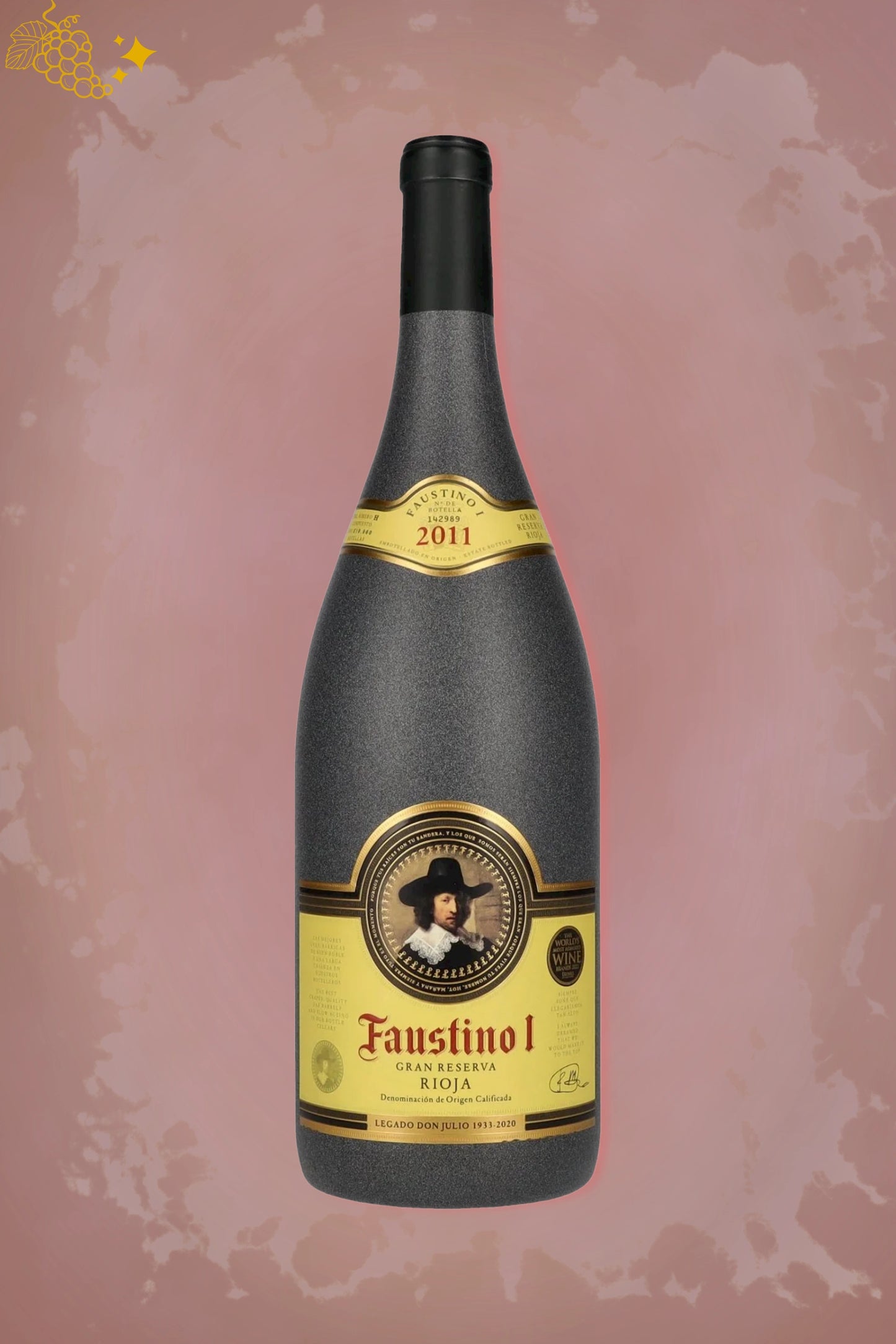 Faustino I Gran Reserva 2011 tegen bordeaux achtergrond – premium rode wijn