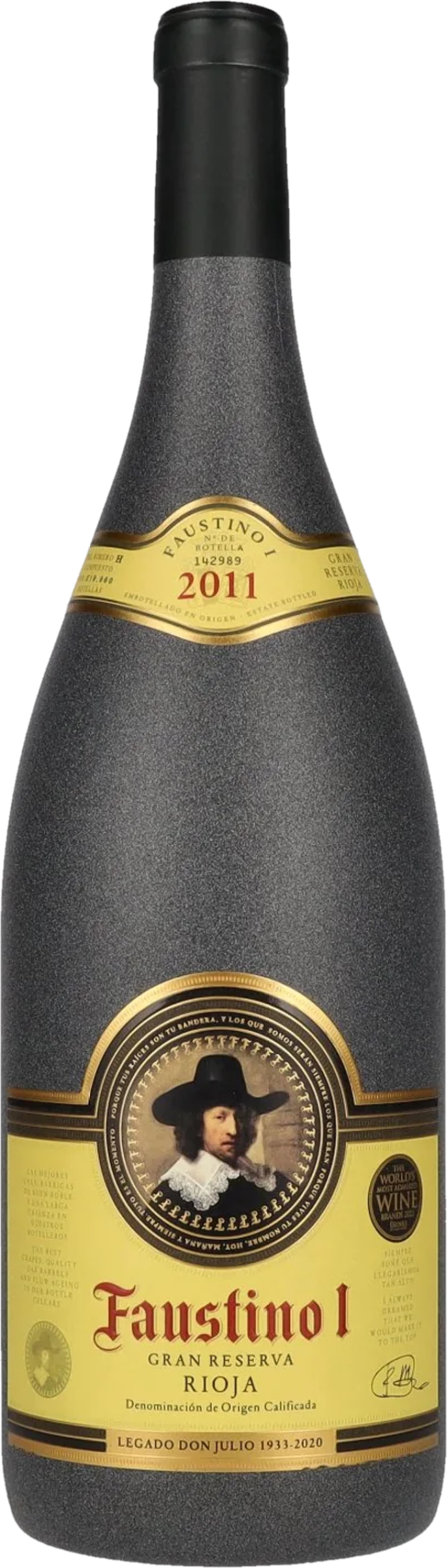 Faustino I Gran Reserva 2011 tegen bordeaux achtergrond – premium rode wijn