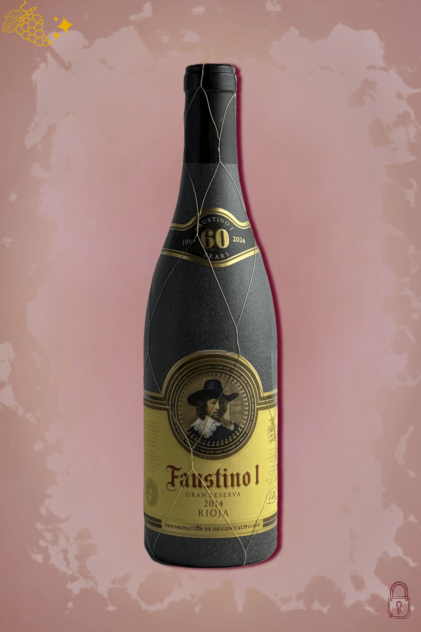 Faustino I Gran Reserva 2014 tegen bordeaux achtergrond – premium rode wijn