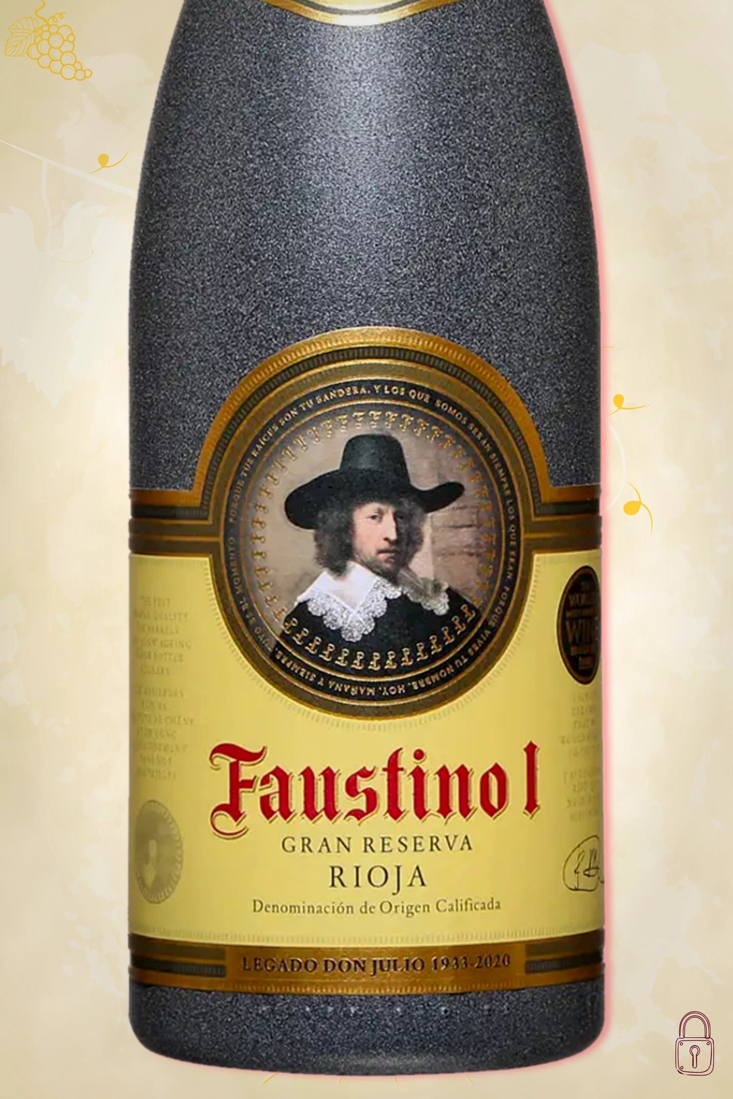 Close-up label Bodegas Faustino I Gran Reserva 2015 – portretetiket zichtbaar