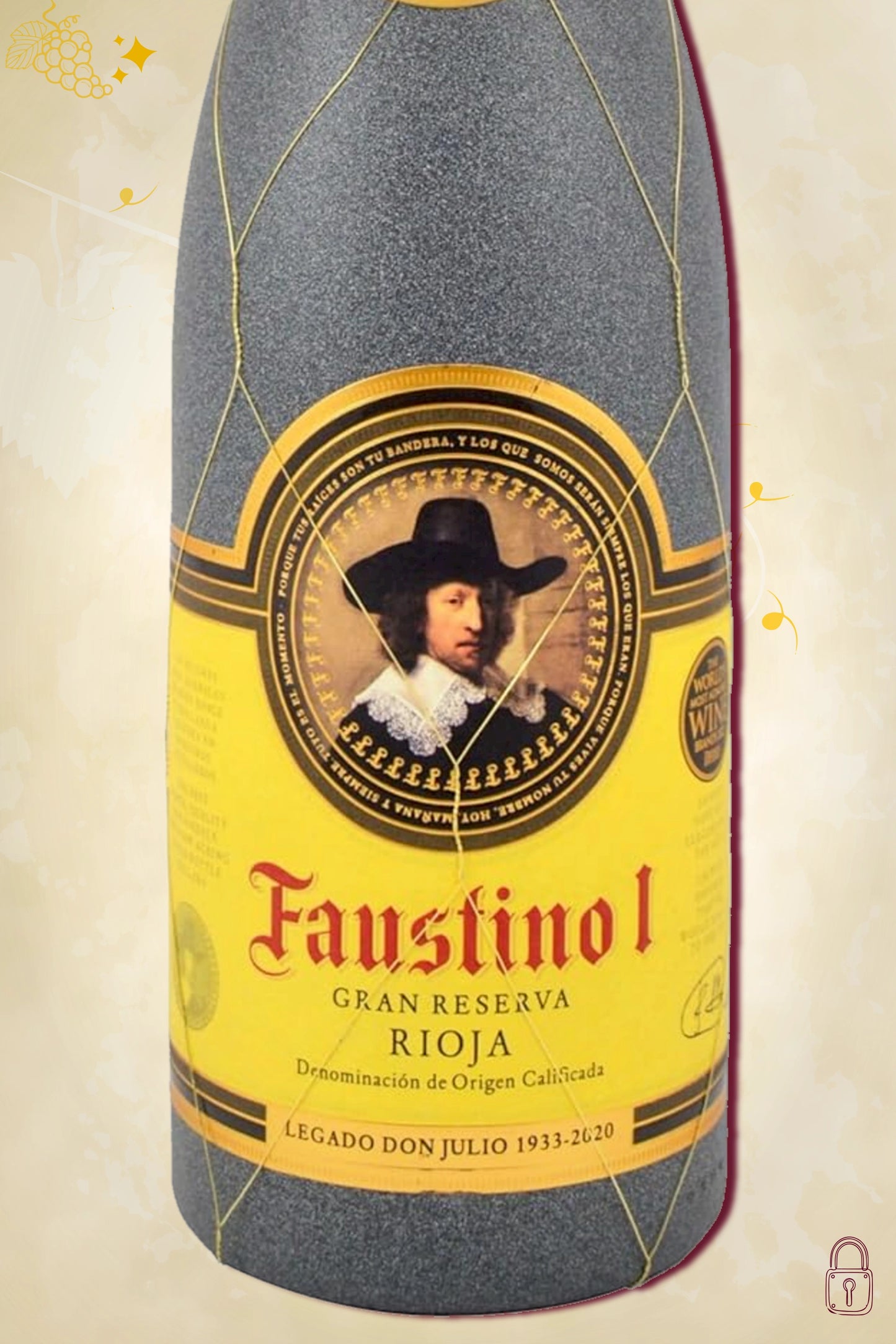 Close‑up etiket: Faustino - I Gran Reserva (2016) – volledige weergave op beige achtergrond