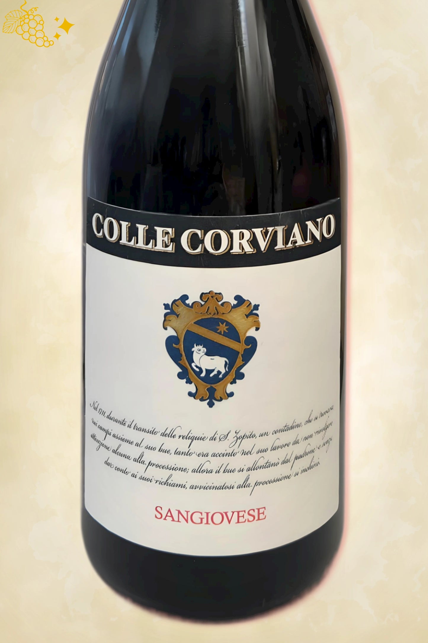 Etiket close‑up van Colle Corviano - Sangiovese Terre di Chieti IGT (2021) – focus op logo tegen beige achtergrond