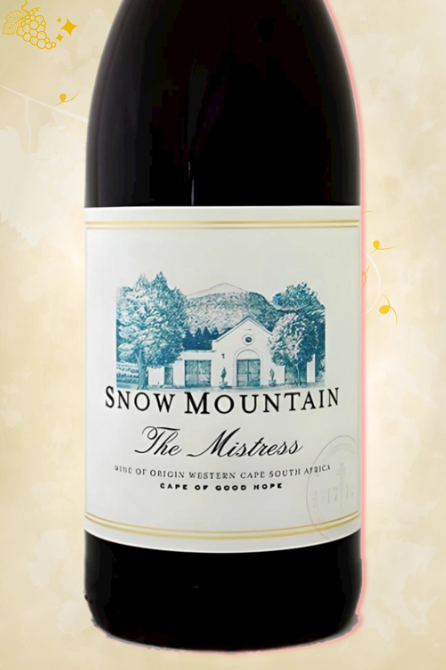 🔍 SnowMountain - "The Mistress" Pinot Noir (2021) – close‑up etiket detail op beige achtergrond