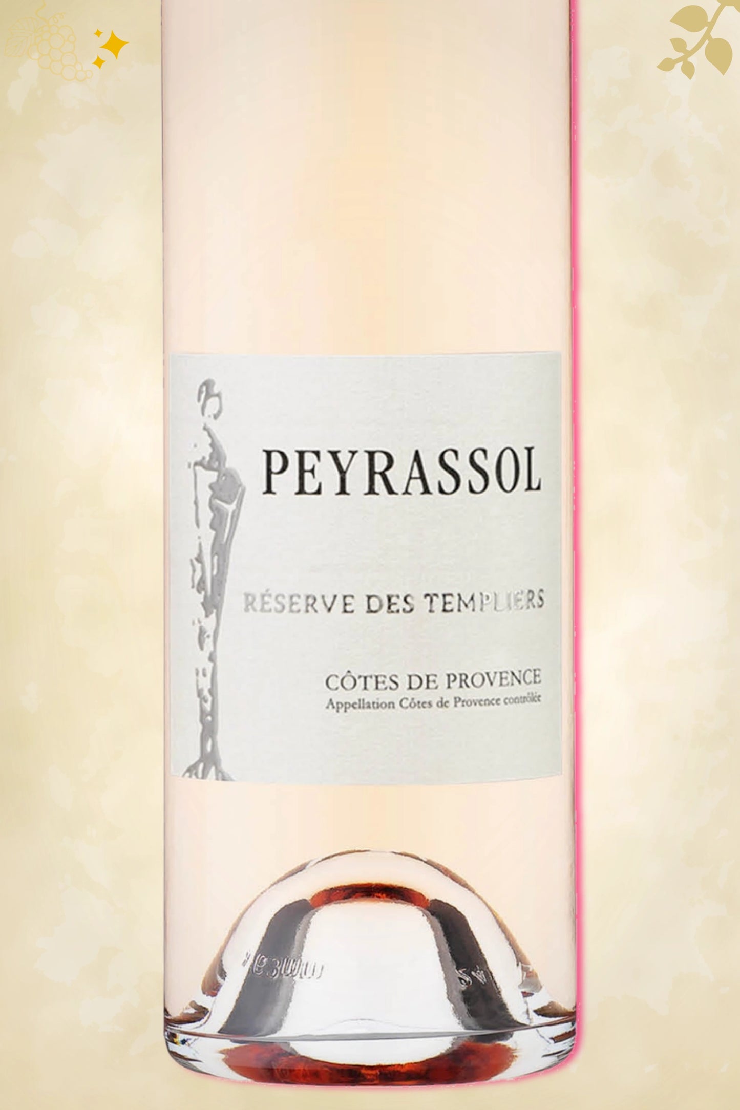 Ingezoomd label: Peyrassol - Cotes de Provence 'Reserve des Templiers' Rose (2024) – ontwerpdetails op beige achtergrond