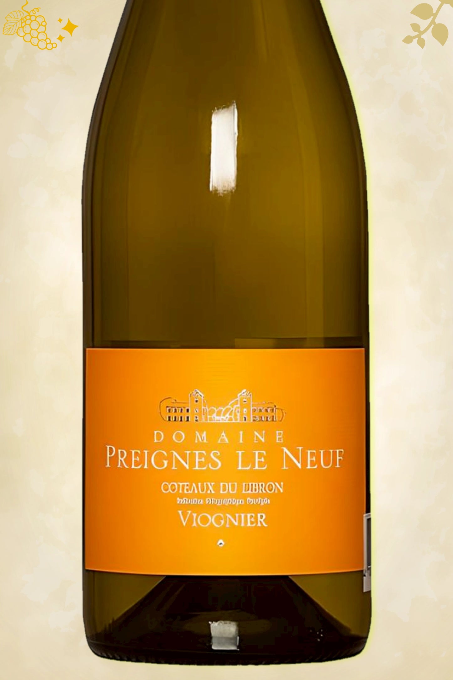 Etiket close‑up van Domaine Preignes le Neuf - Viognier (2023) – focus op logo tegen beige achtergrond