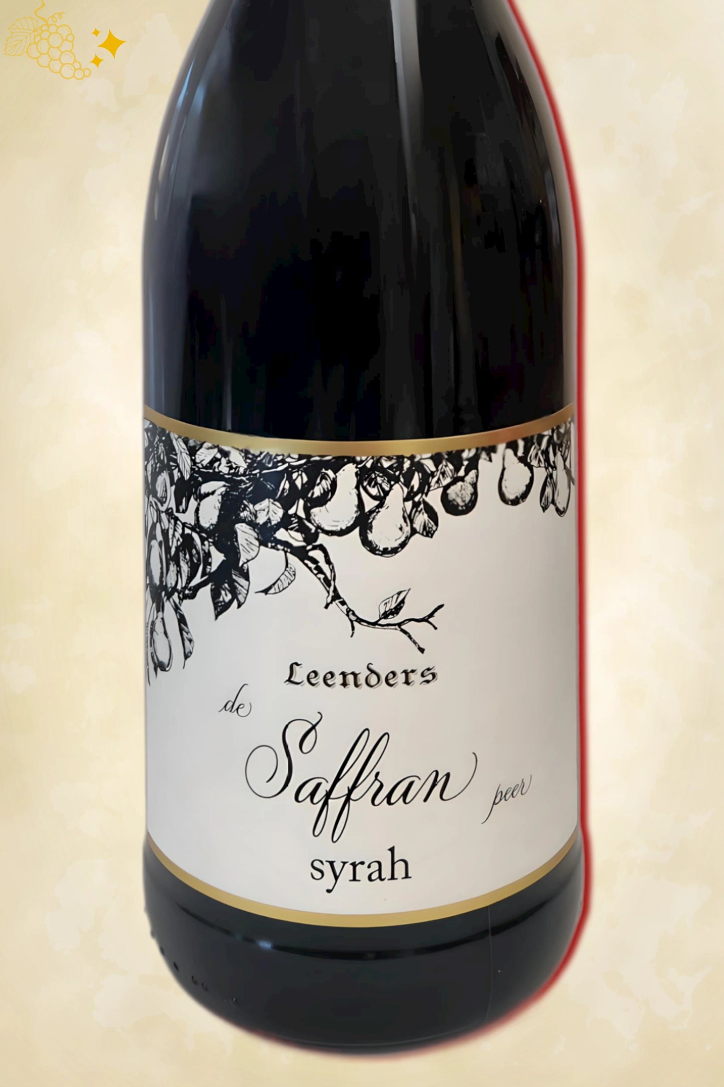Ingezoomd label: Leenders - Saffran Syrah (2023) – ontwerpdetails op beige achtergrond