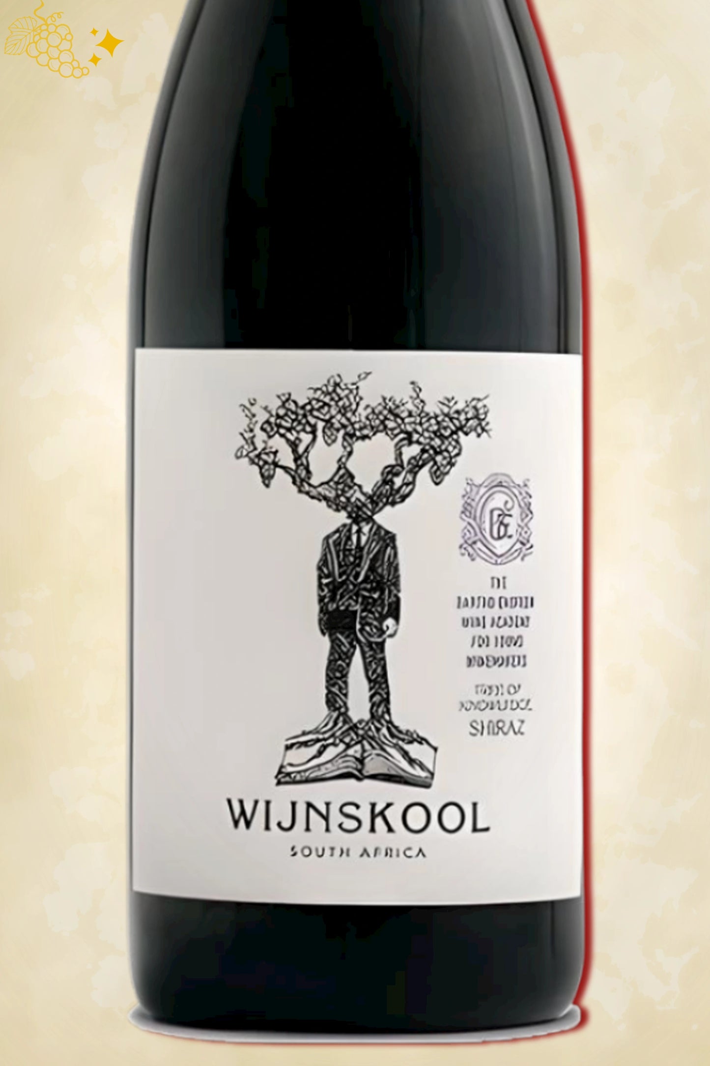 Ingezoomd label: Wijnskool 'Tree of Knowledge' Shiraz (2022) – ontwerpdetails op beige achtergrond