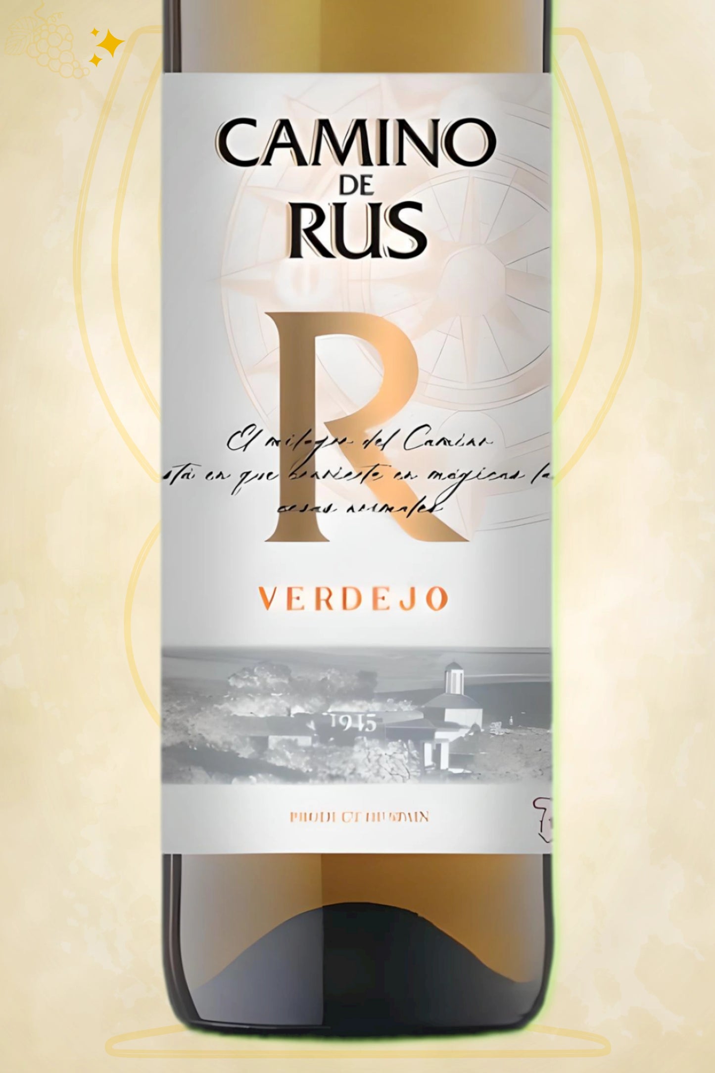 Fijn detail etiket Camino de Rus - Verdejo (2024) tegen beige achtergrond