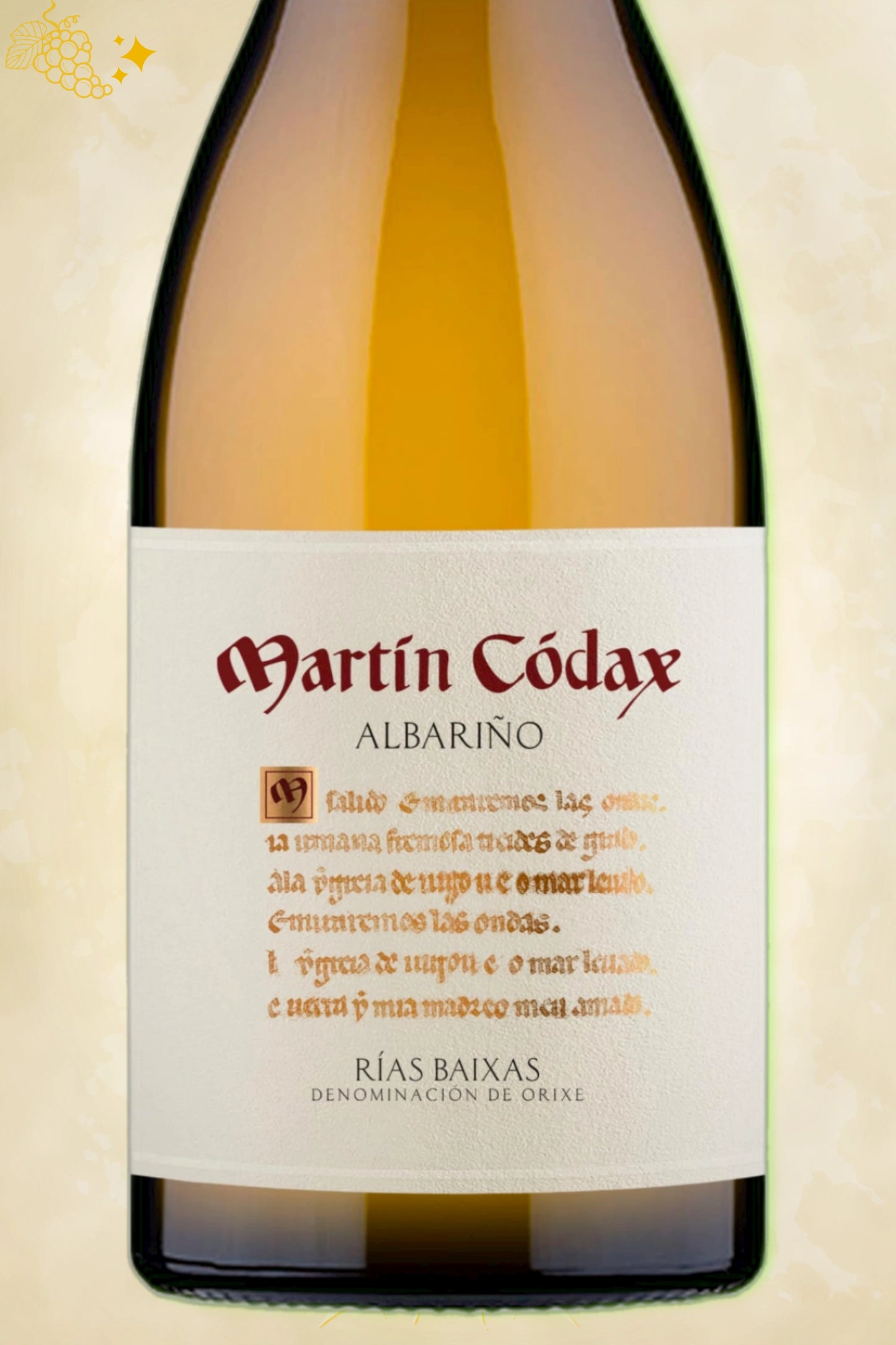 Close-up label Albariño Rías Baixas 2023 – Martín Códax logo en vintage details