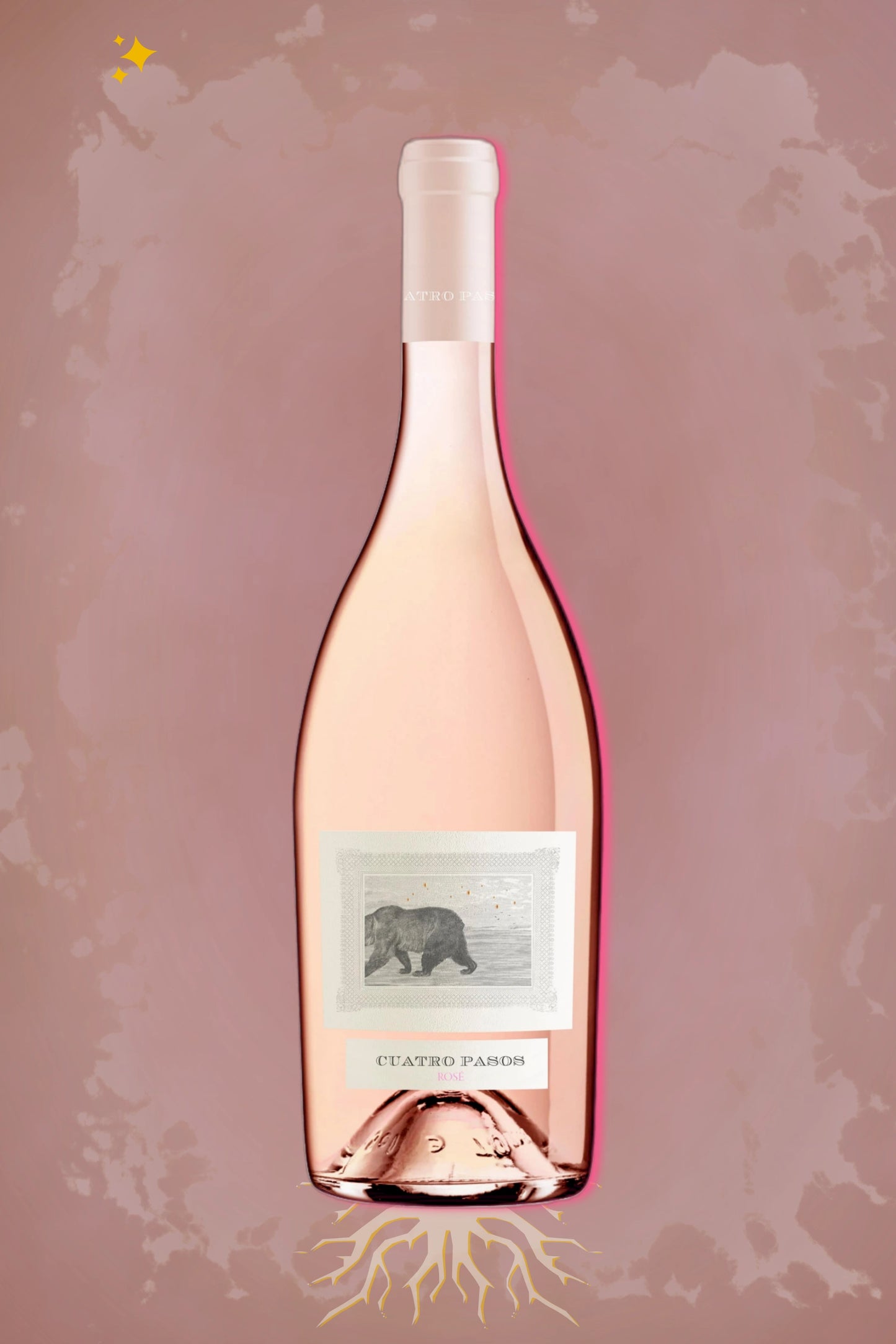 Cuatro Pasos Rosado 2023 tegen roze achtergrond – frisse rosé wijn